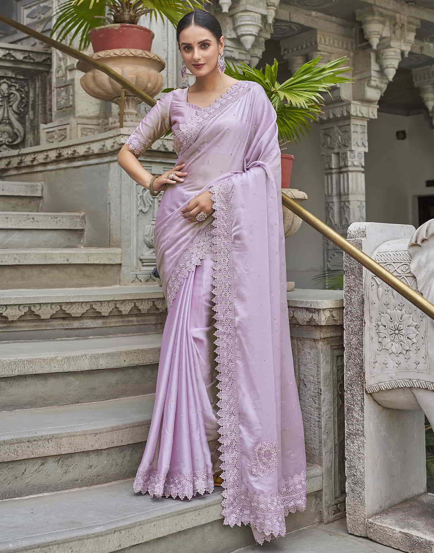 Purple Swarovski Georgette Stone Work Saree