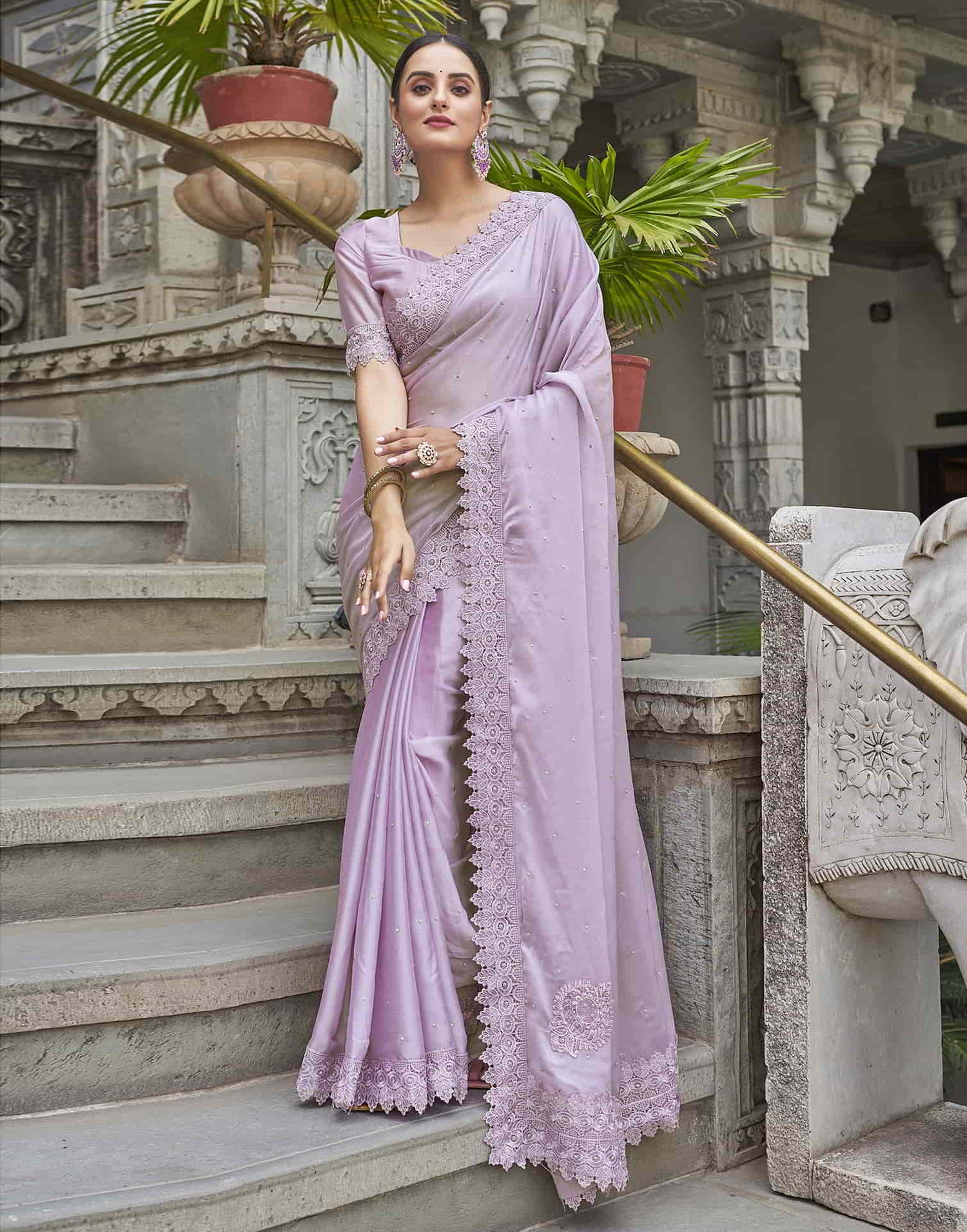 Purple Swarovski Georgette Stone Work Saree