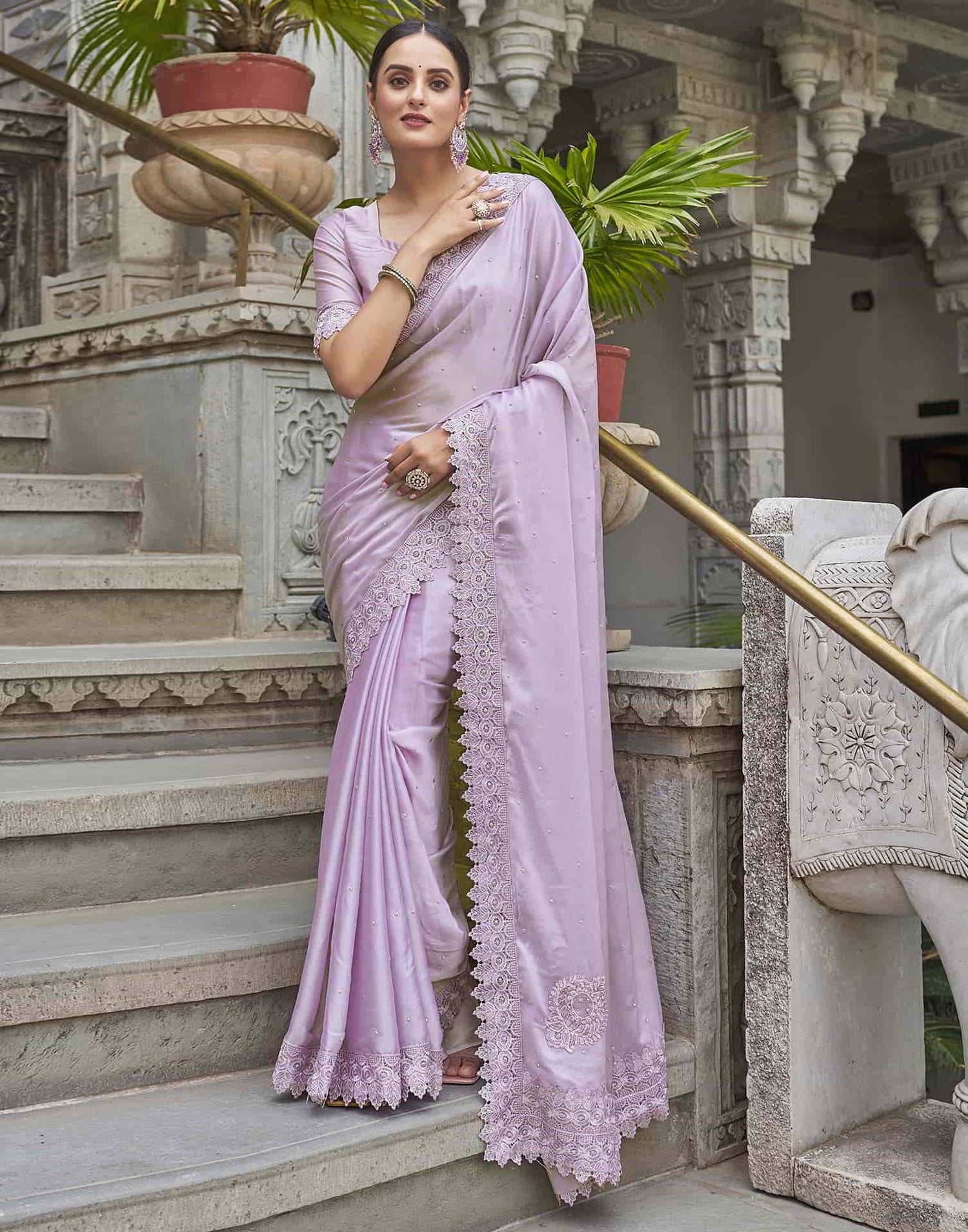 Purple Swarovski Georgette Stone Work Saree