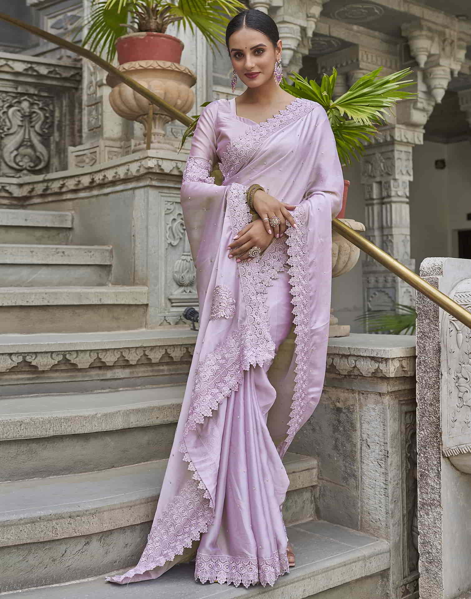 Purple Swarovski Georgette Stone Work Saree