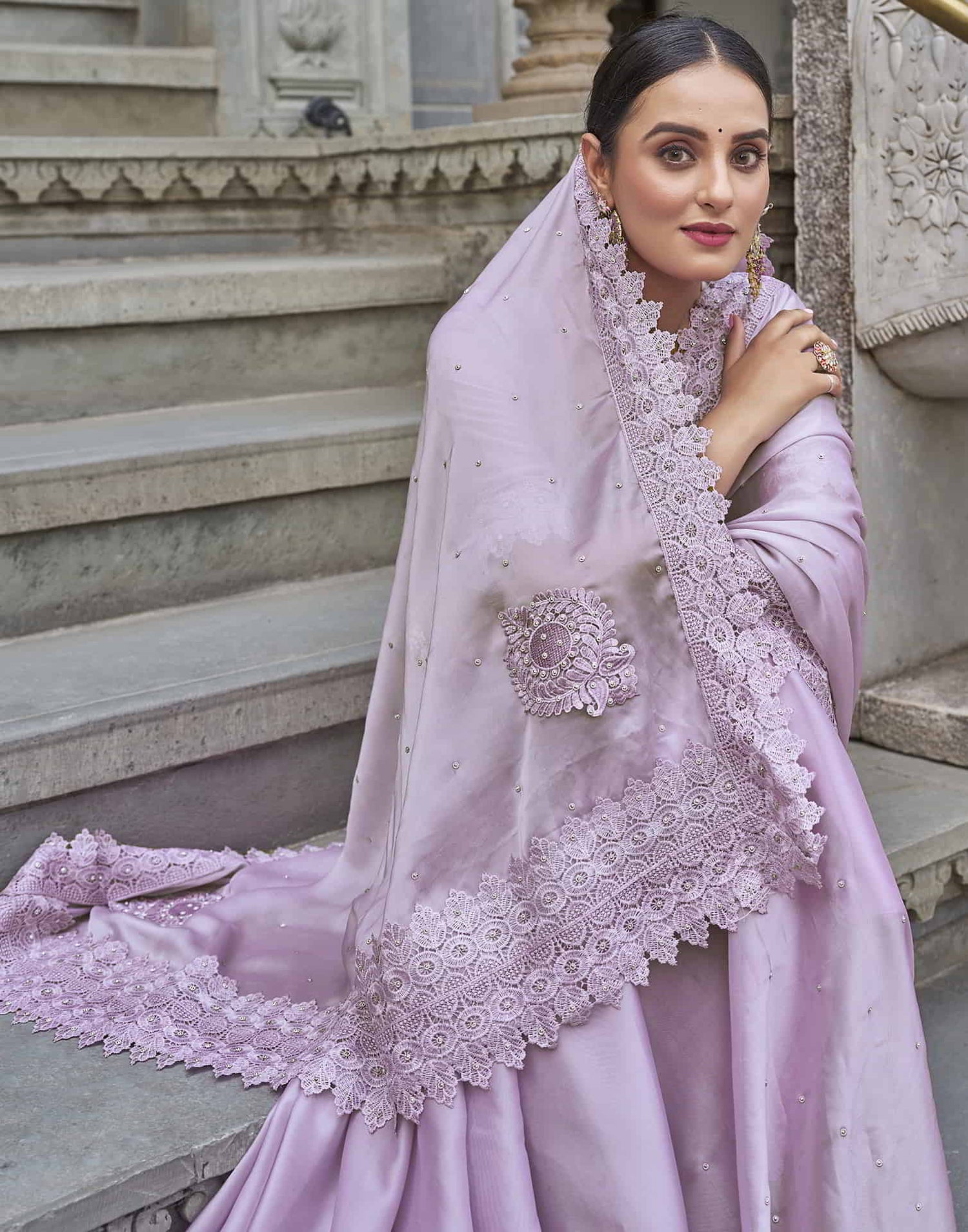 Purple Swarovski Georgette Stone Work Saree