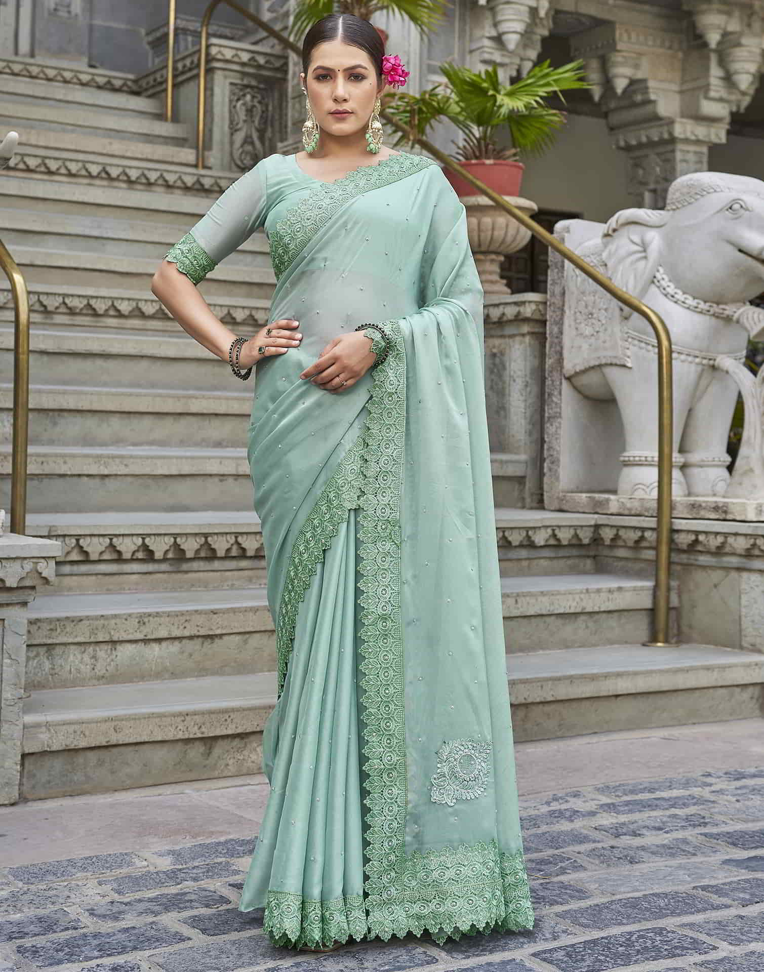 Green Swarovski Georgette Stone Work Saree