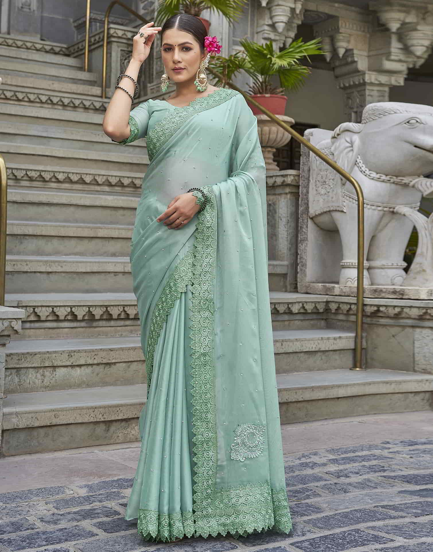 Green Swarovski Georgette Stone Work Saree