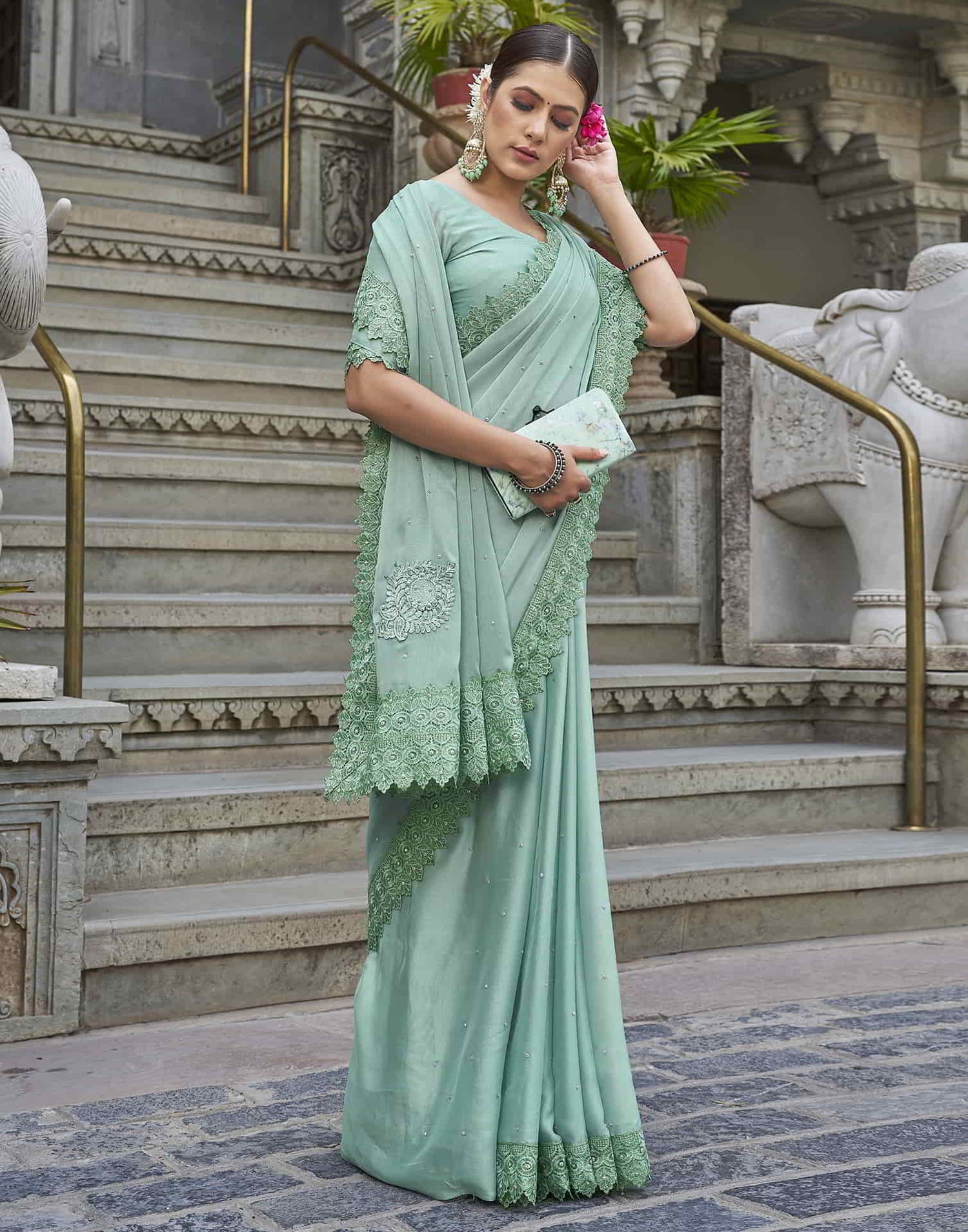 Green Swarovski Georgette Stone Work Saree