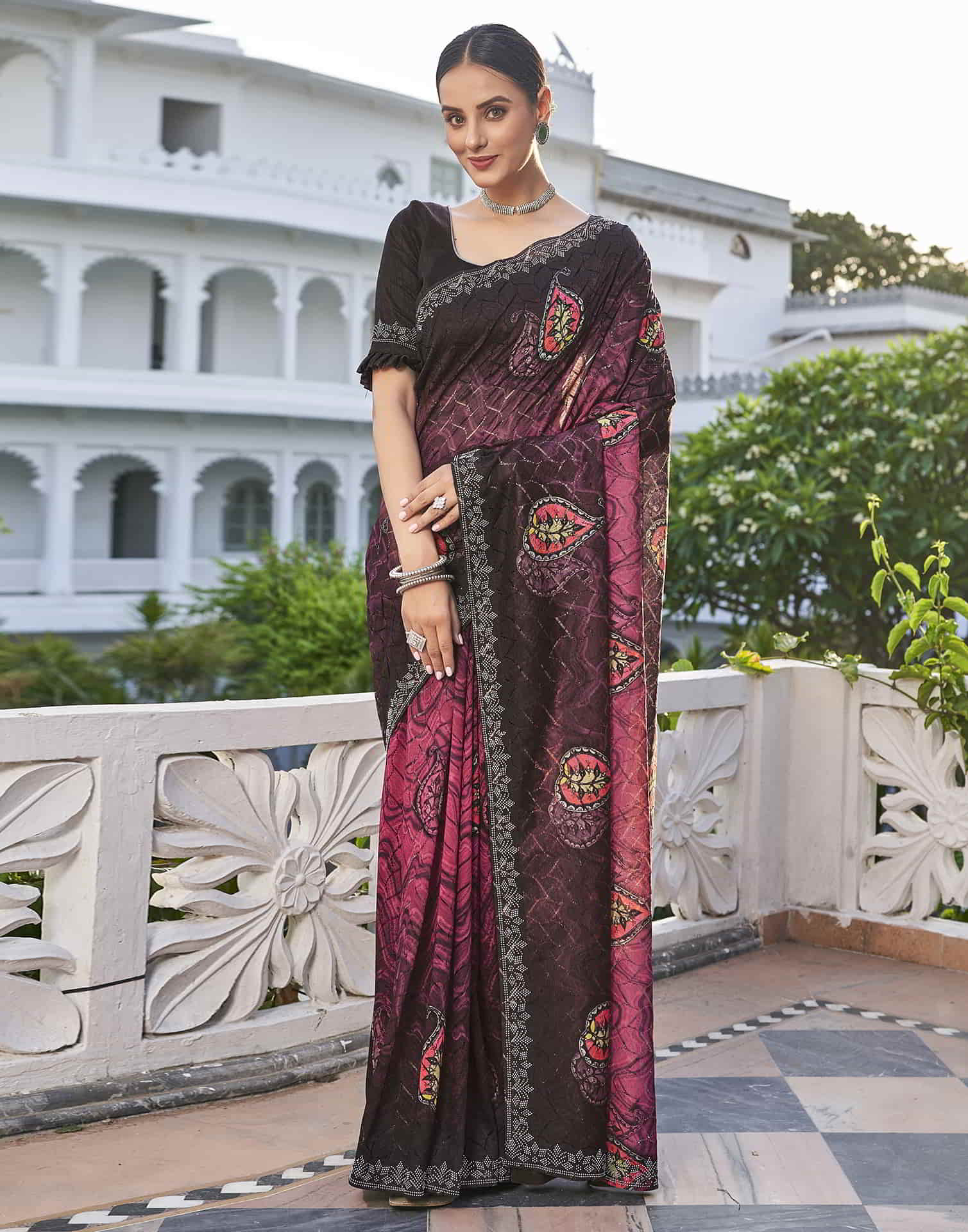 Pink Printed Net Stone Work Saree