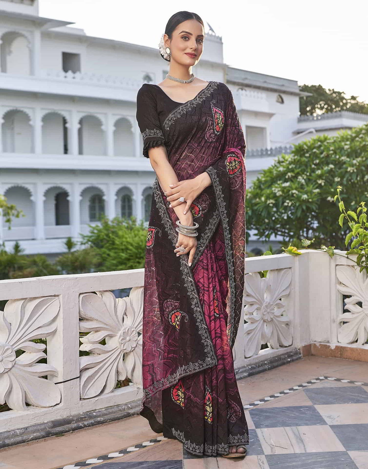 Pink Printed Net Stone Work Saree