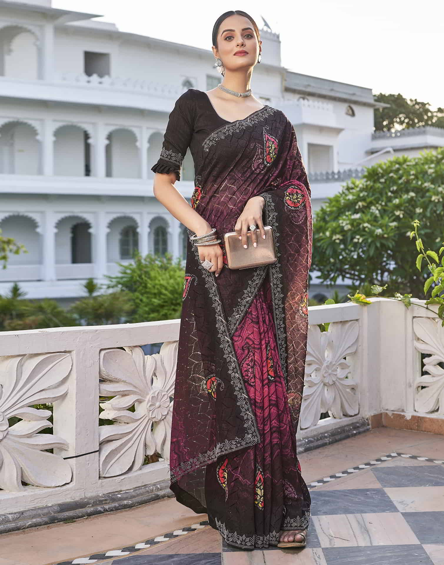 Pink Printed Net Stone Work Saree