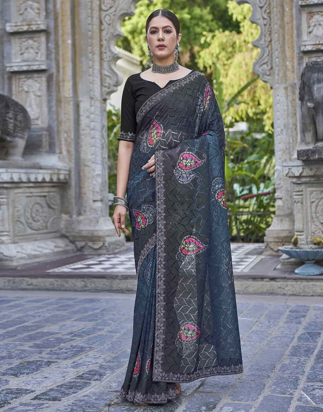 Blue Printed Net Stone Work Saree