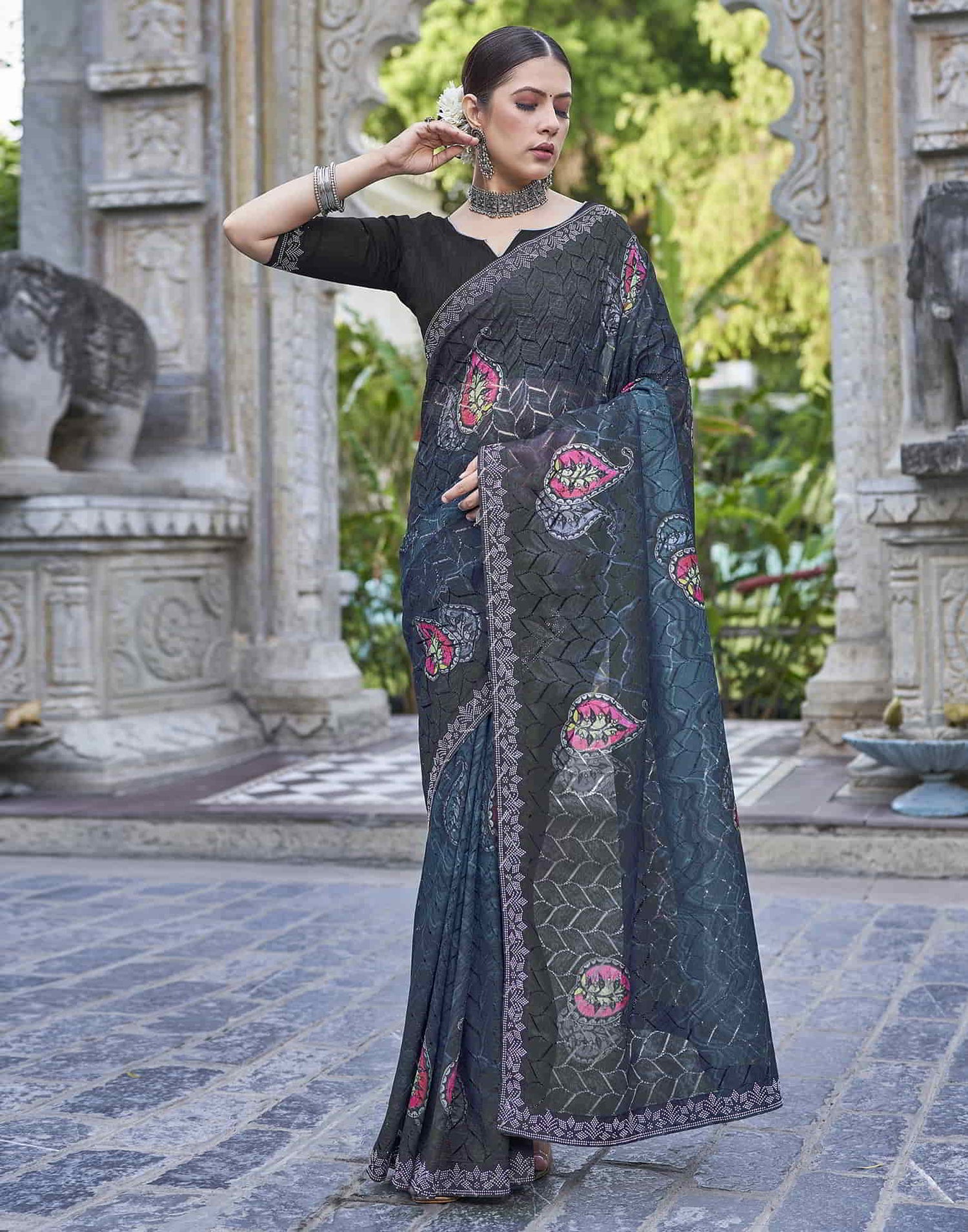 Blue Printed Net Stone Work Saree