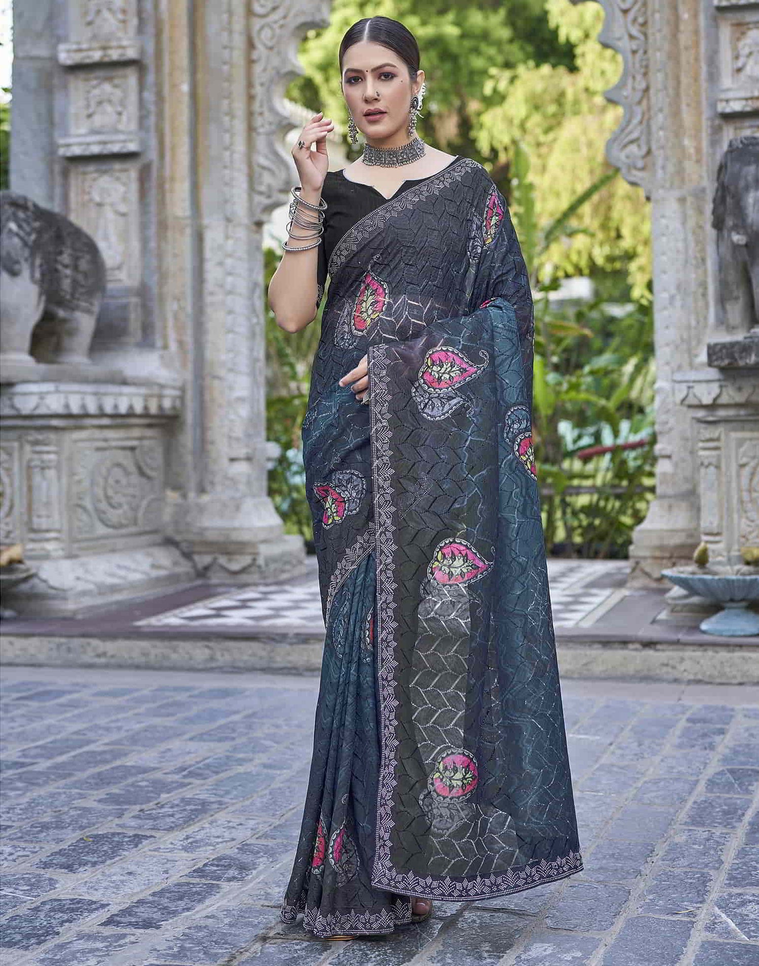 Blue Printed Net Stone Work Saree