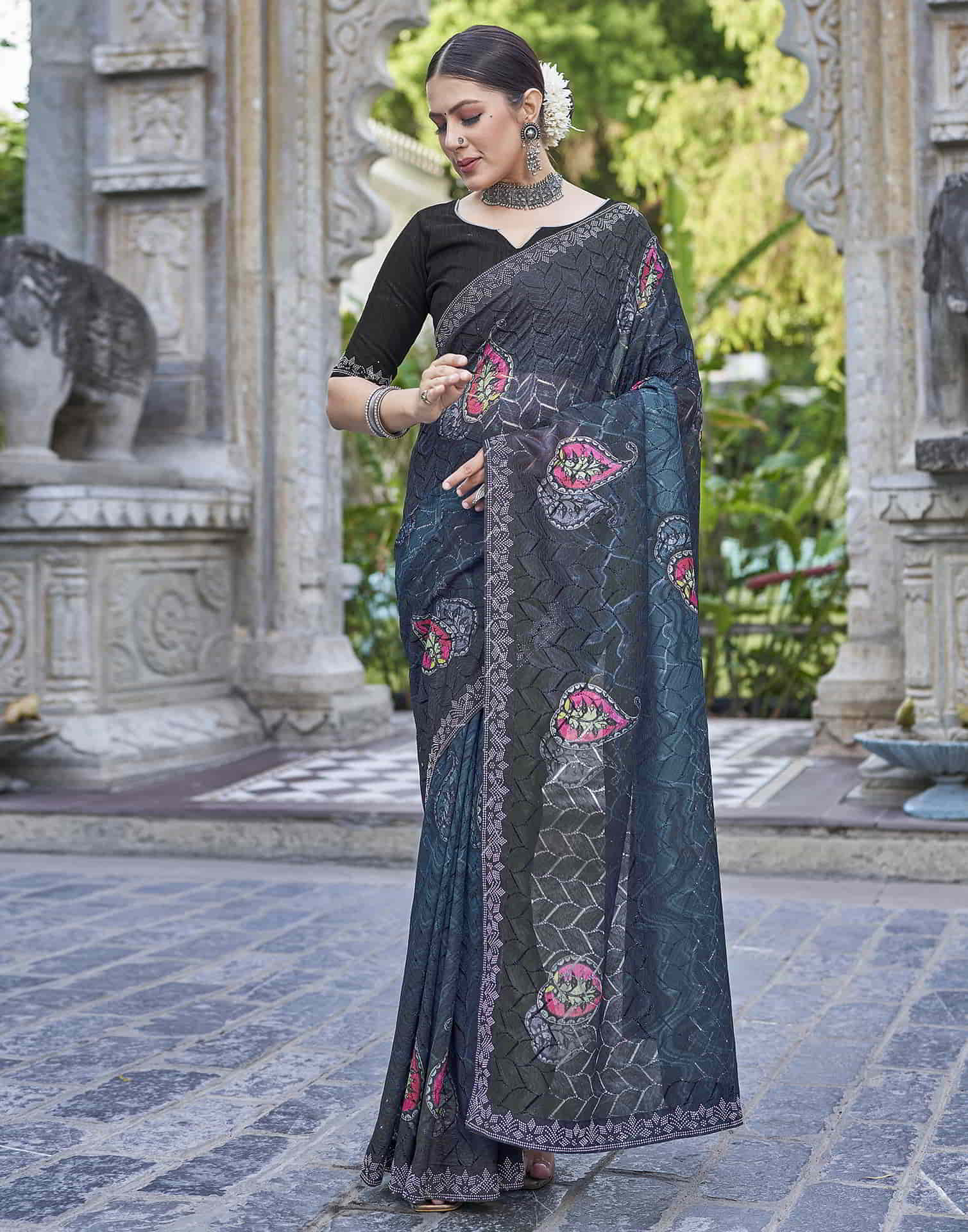 Blue Printed Net Stone Work Saree