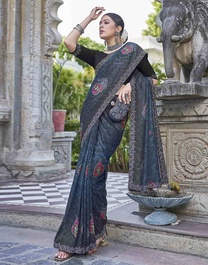 Blue Printed Net Stone Work Saree