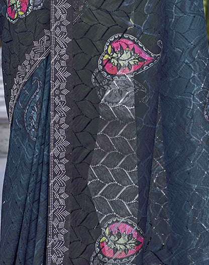 Blue Printed Net Stone Work Saree