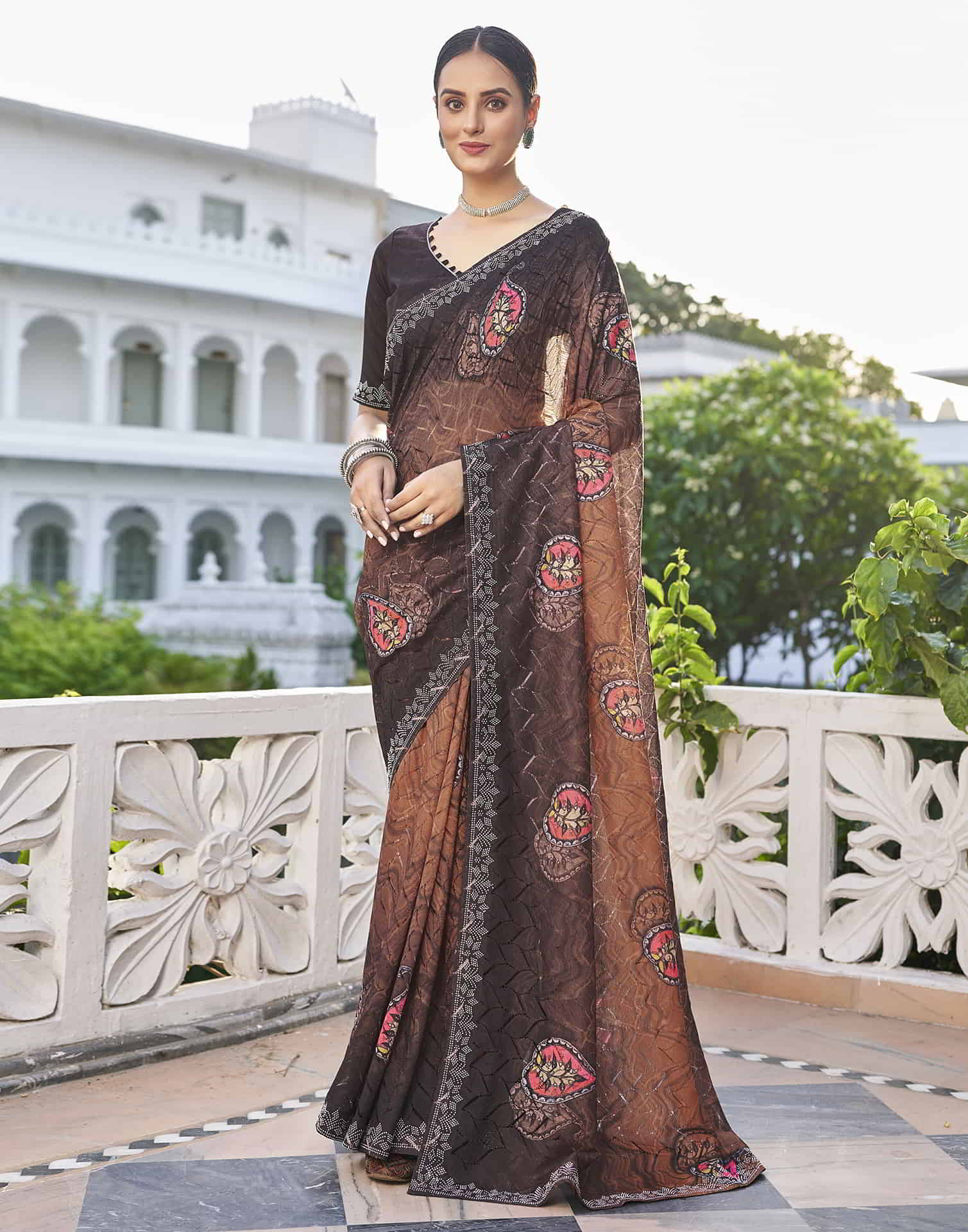 Brown Printed Net Stone Work Saree