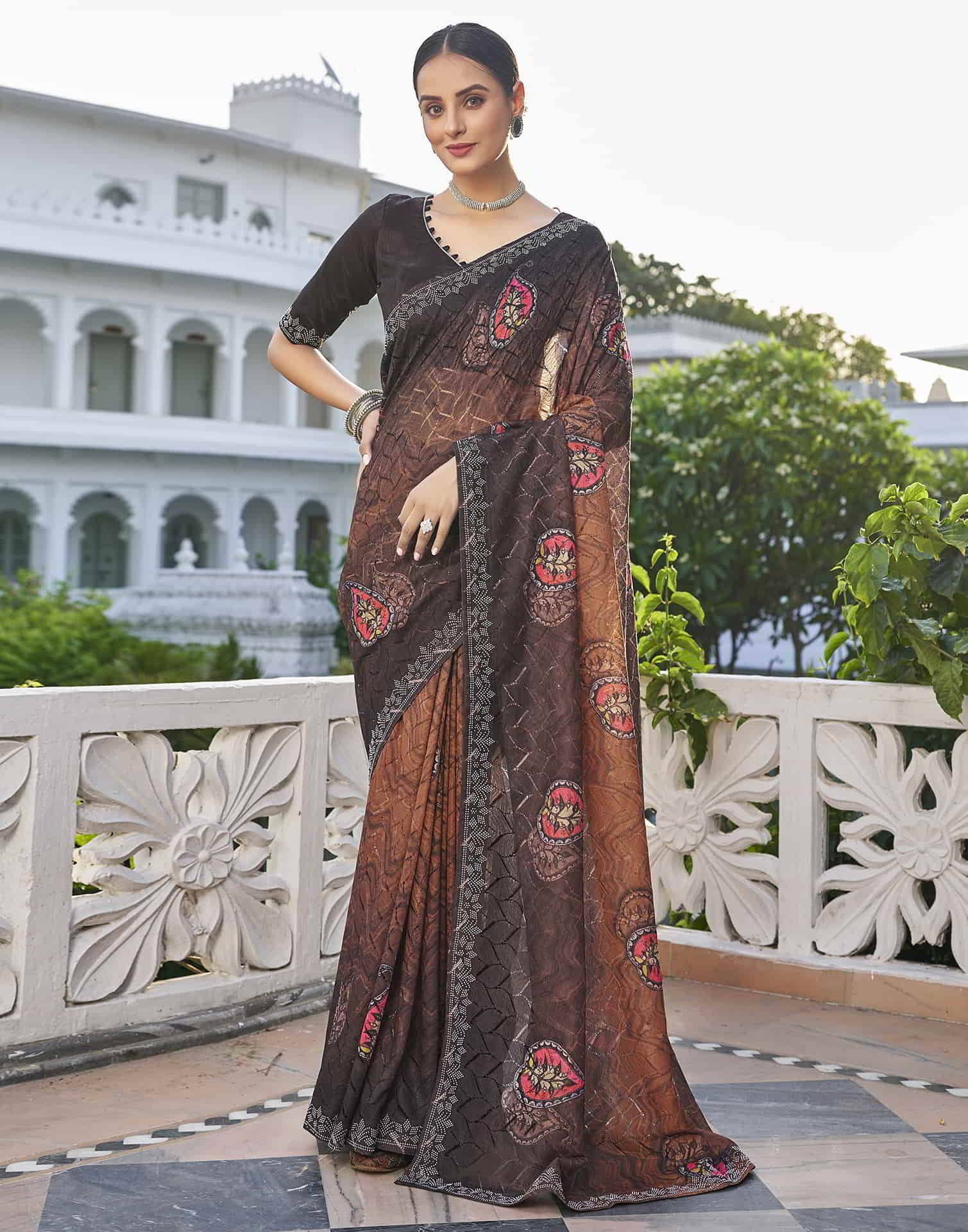 Brown Printed Net Stone Work Saree