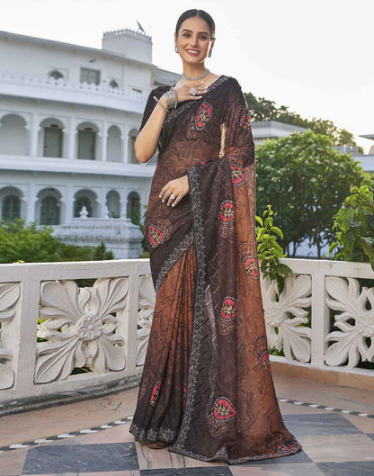 Brown Printed Net Stone Work Saree