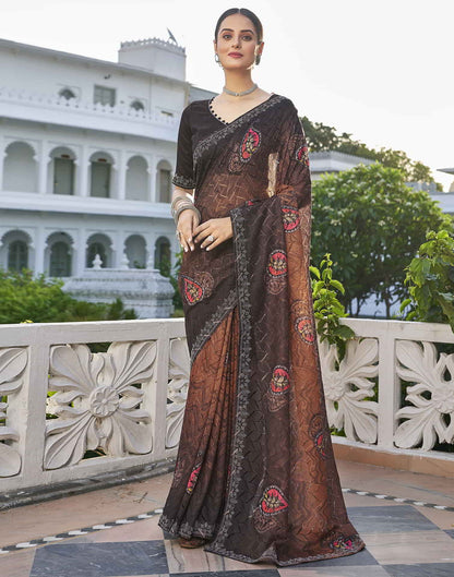 Brown Printed Net Stone Work Saree