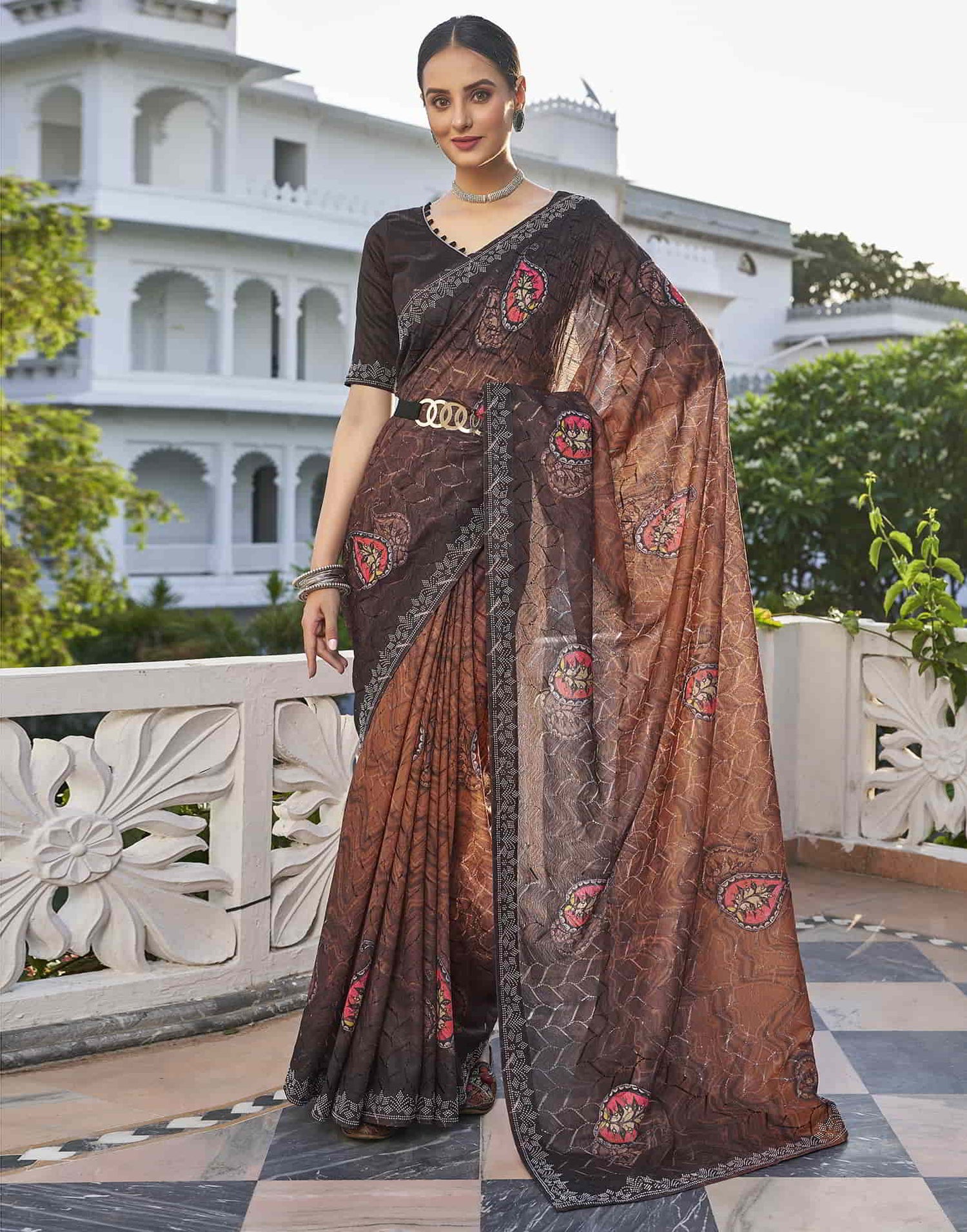 Brown Printed Net Stone Work Saree