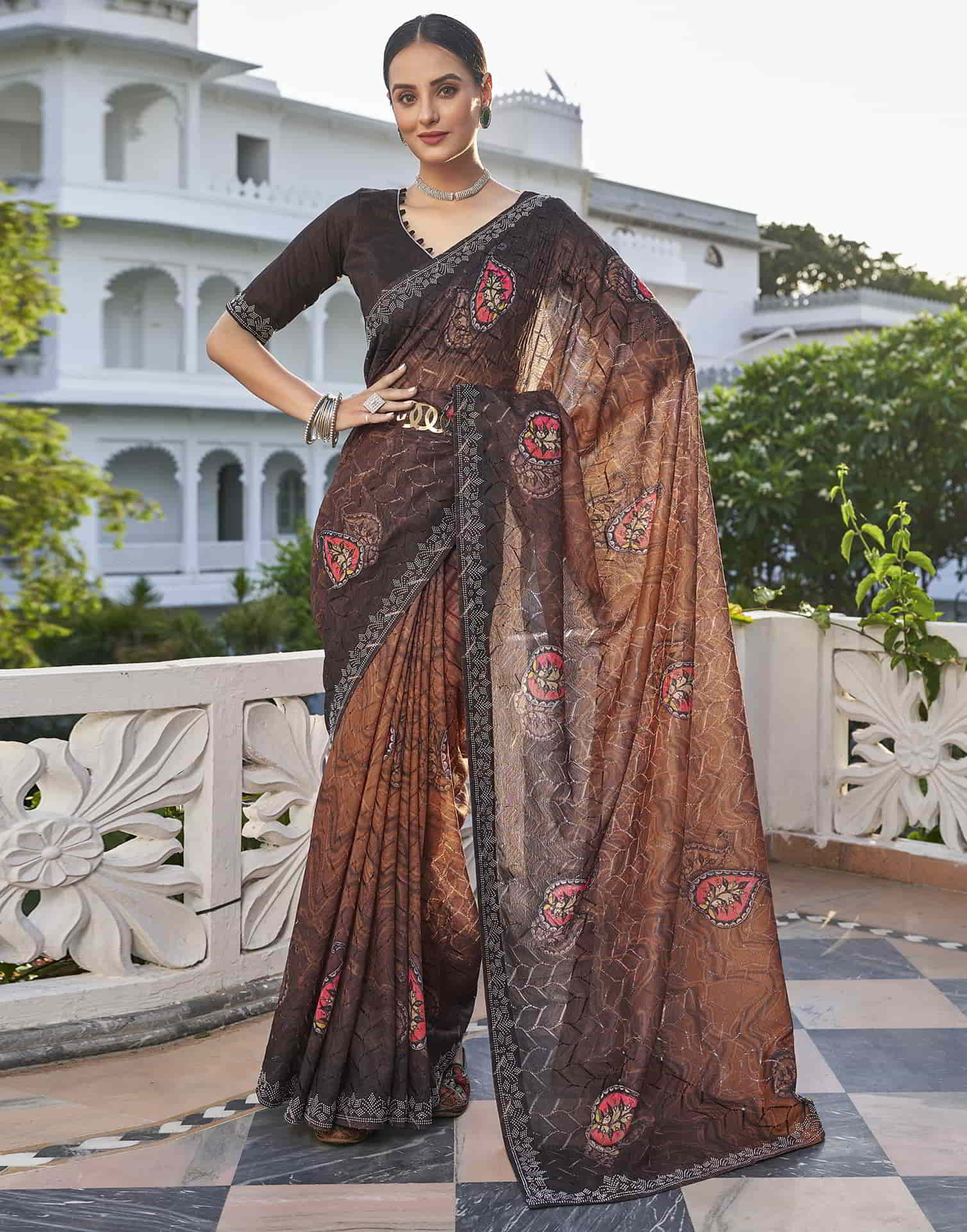 Brown Printed Net Stone Work Saree