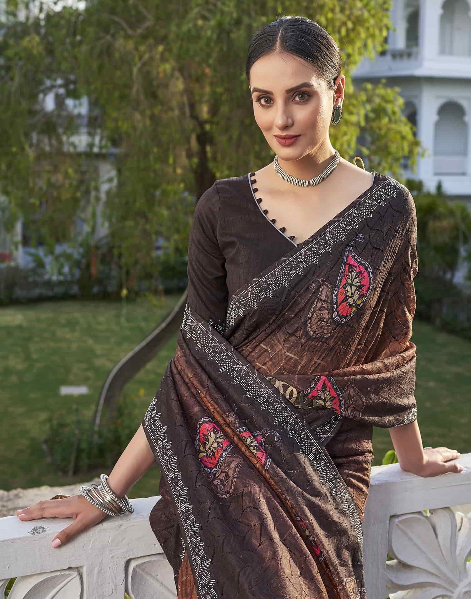 Brown Printed Net Stone Work Saree