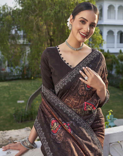 Brown Printed Net Stone Work Saree