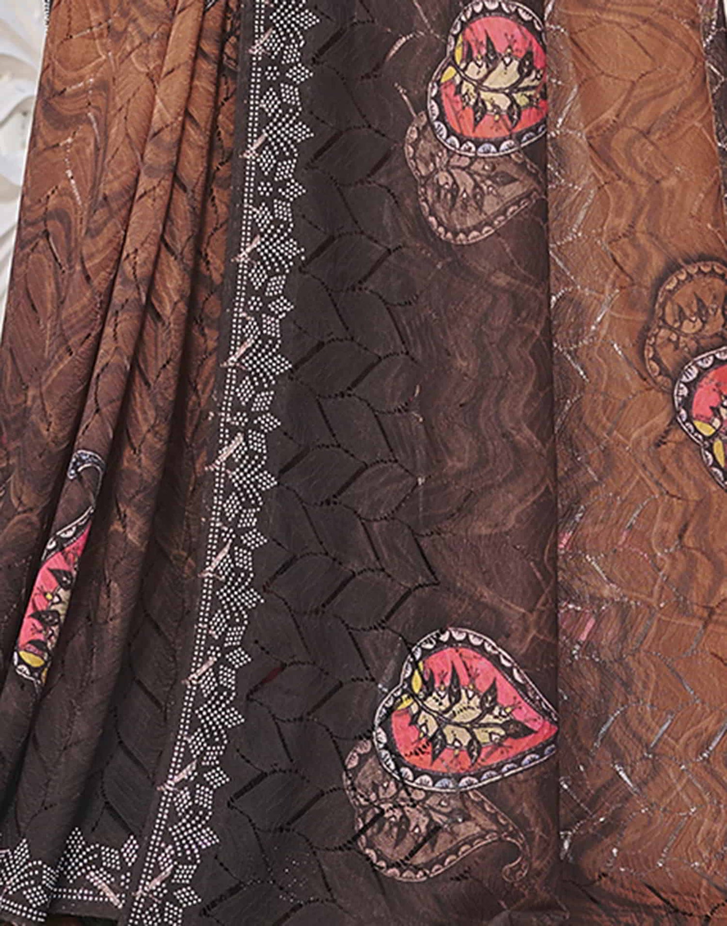 Brown Printed Net Stone Work Saree