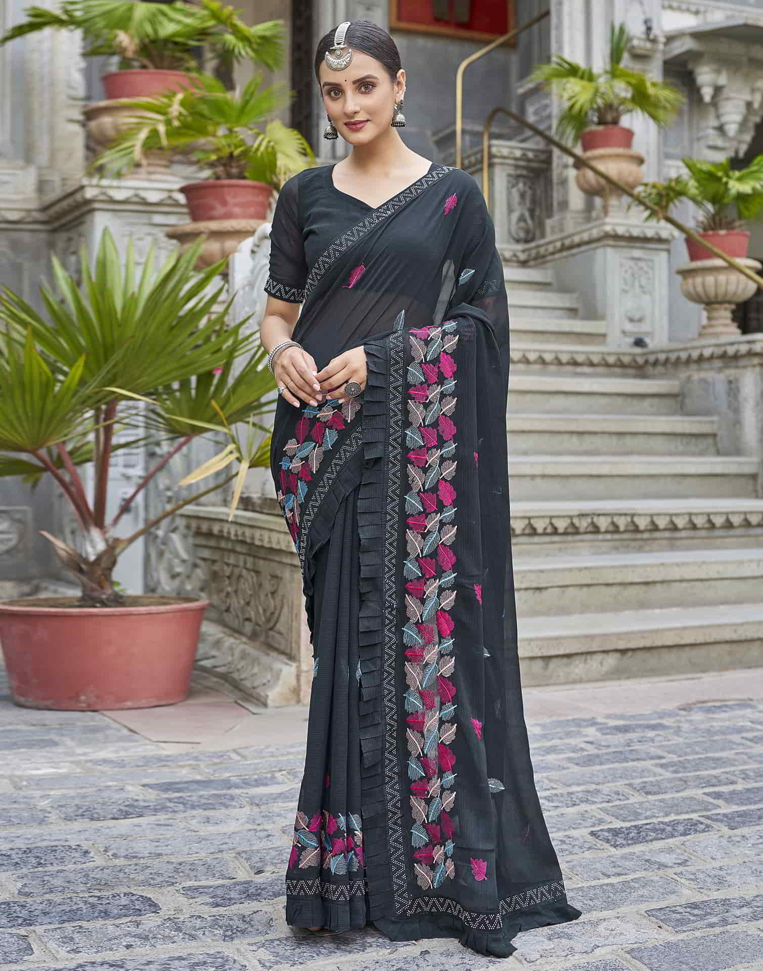 Black Embroidery Georgette Stone Work Saree