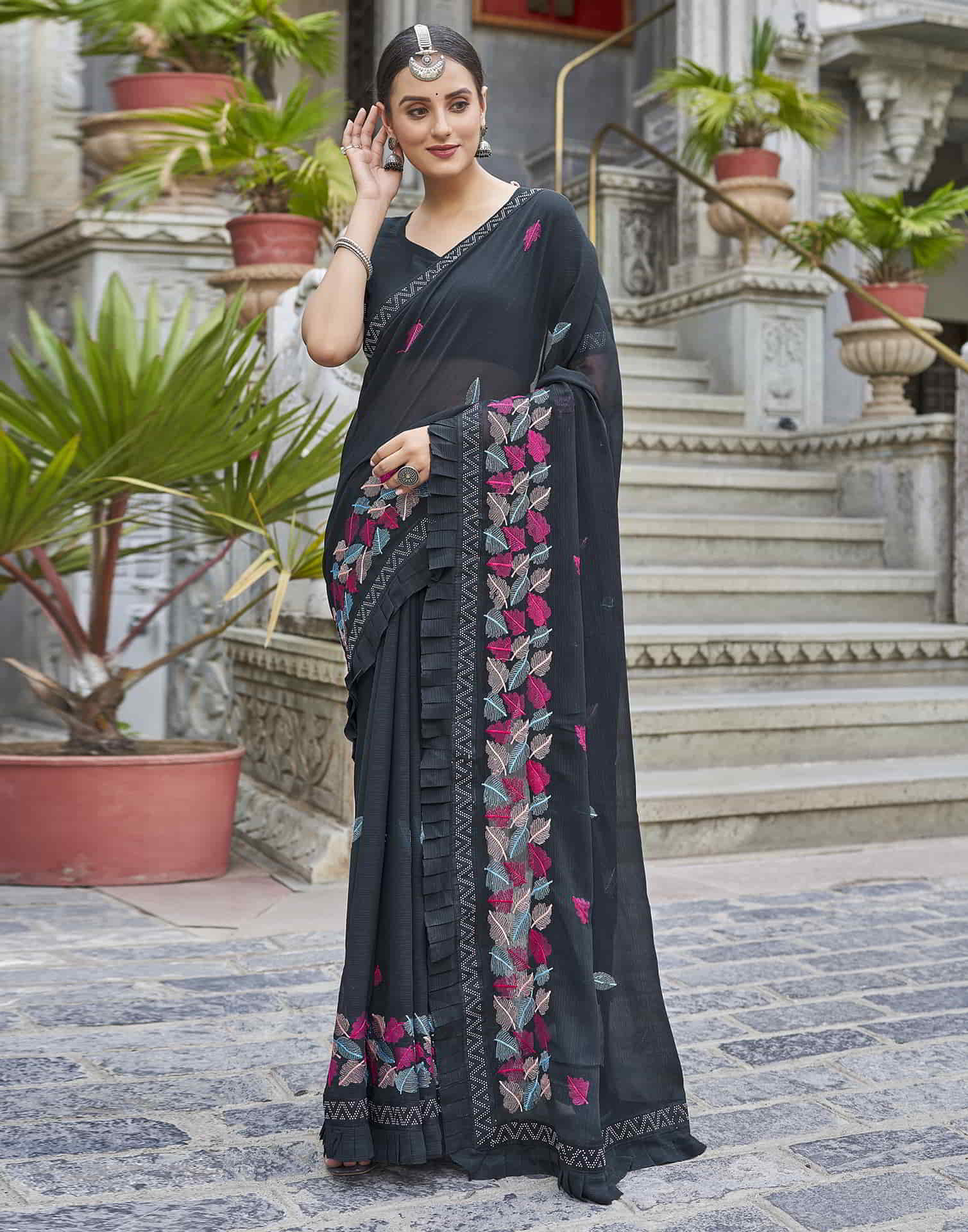 Black Embroidery Georgette Stone Work Saree