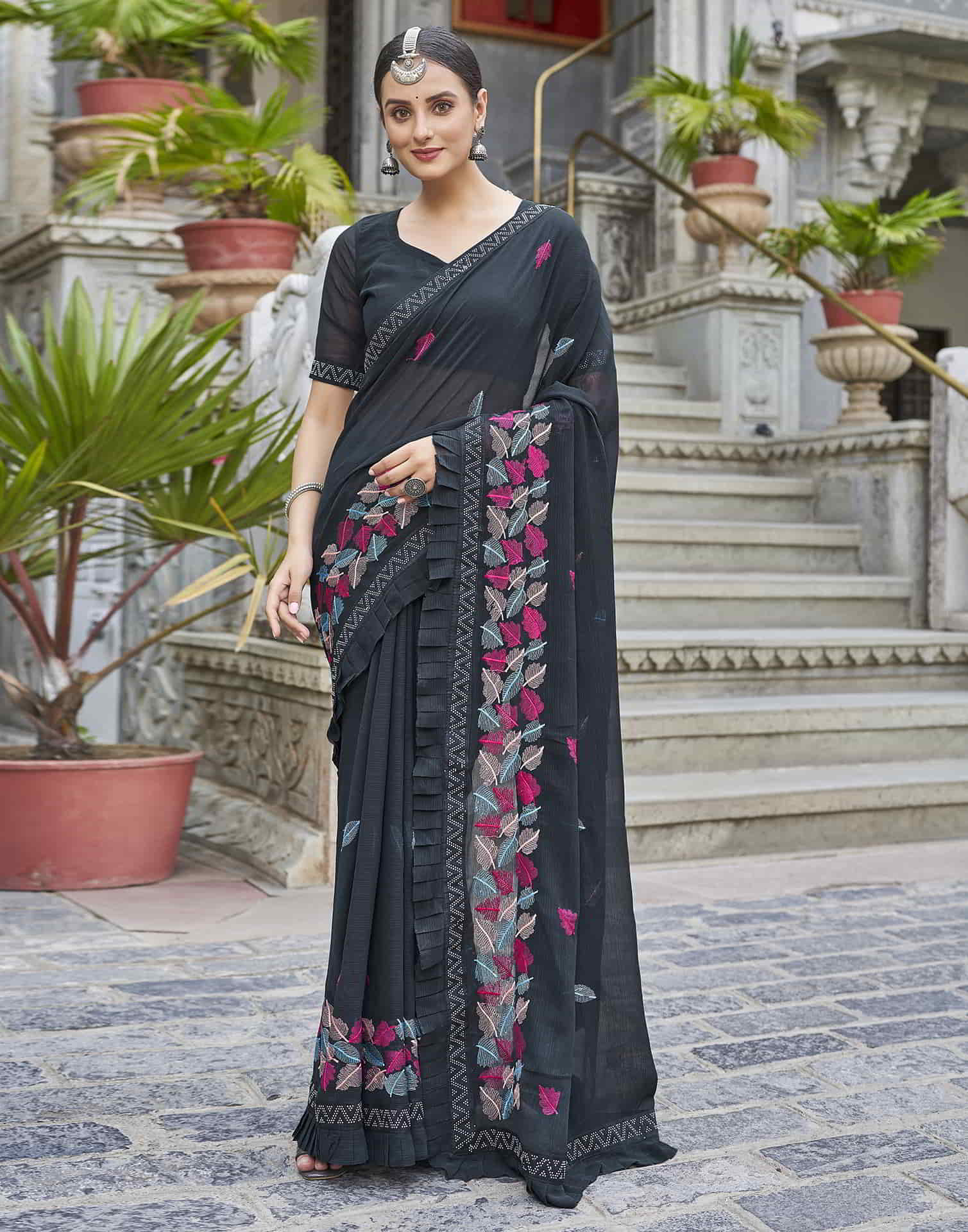 Black Embroidery Georgette Stone Work Saree