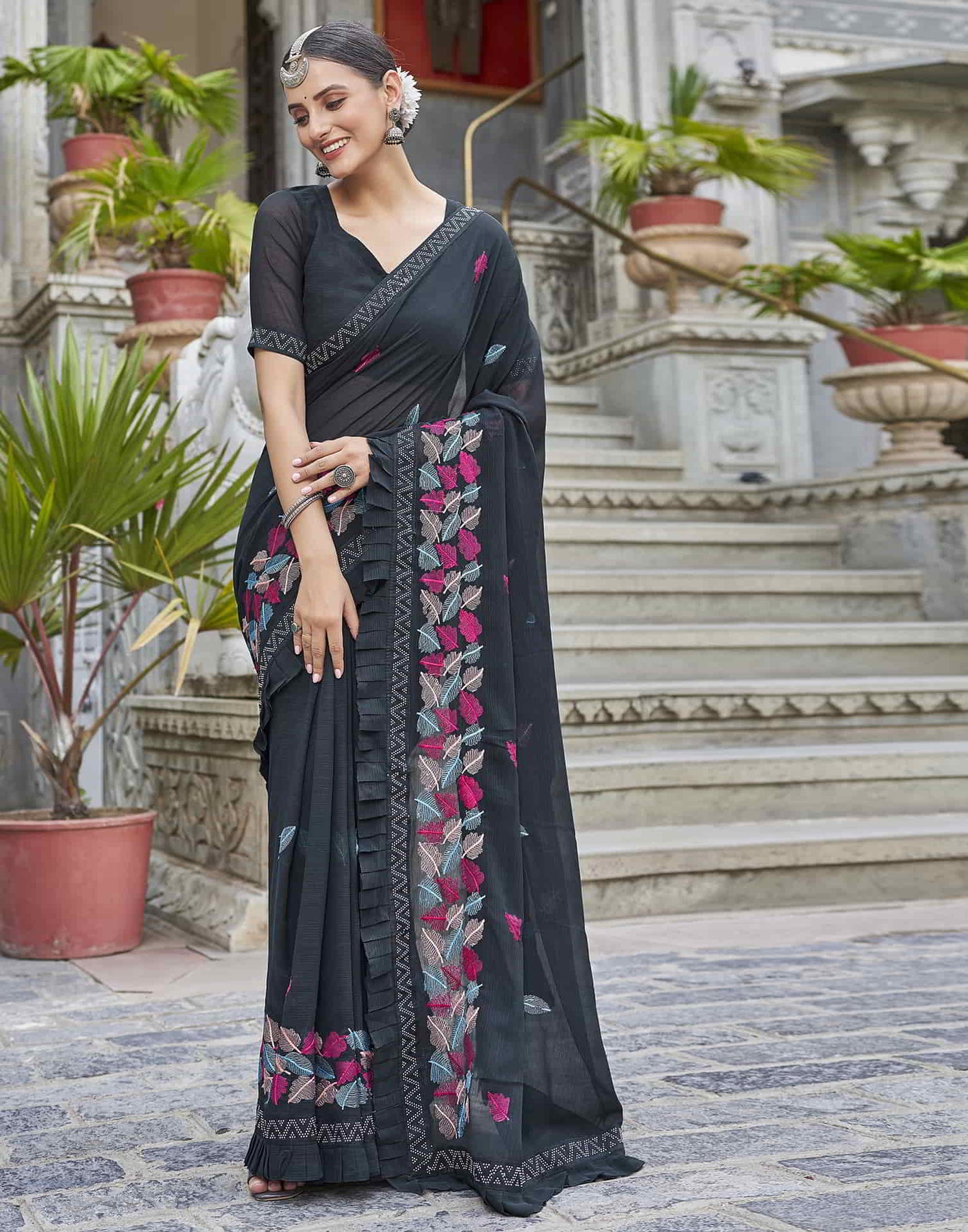 Black Embroidery Georgette Stone Work Saree