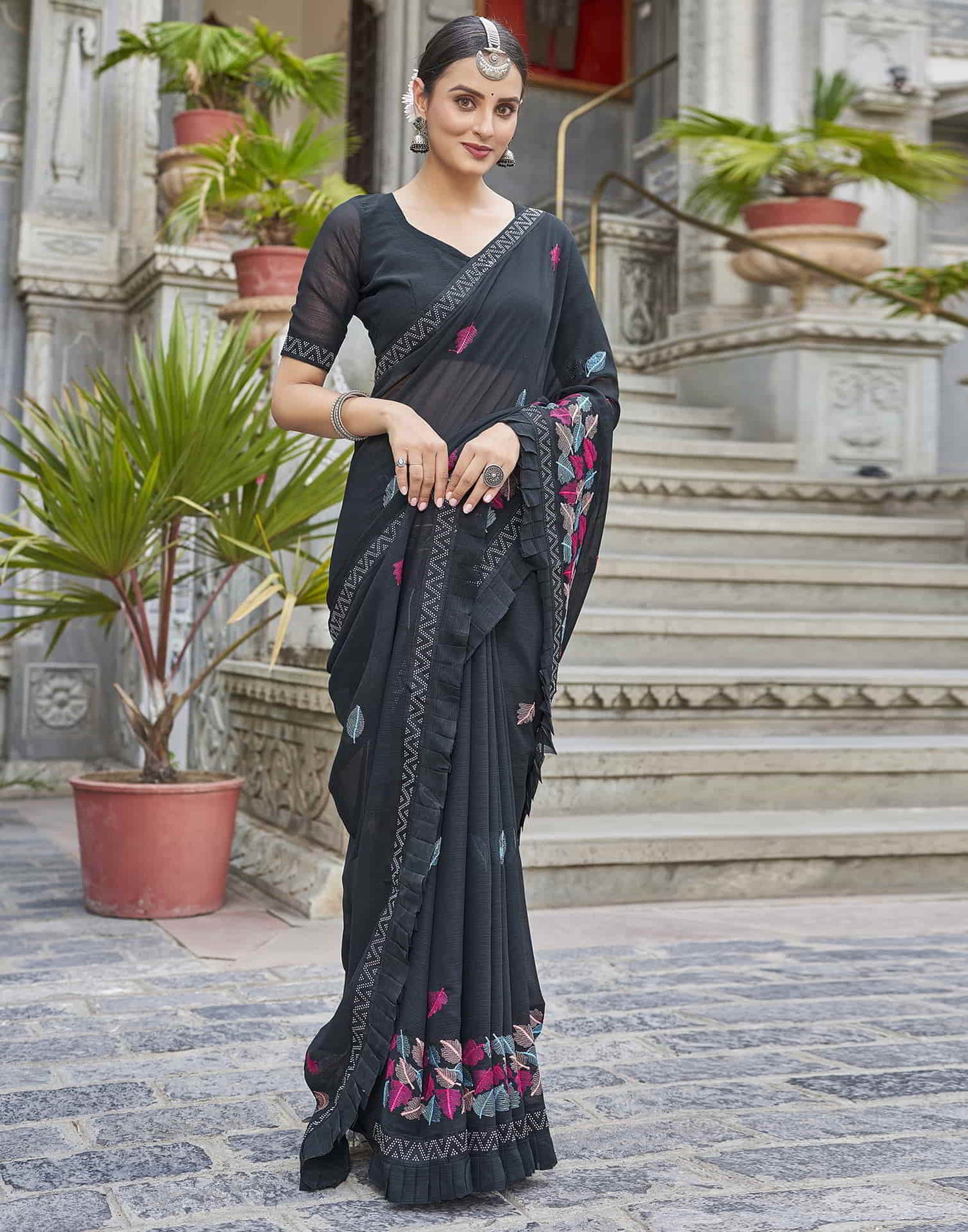 Black Embroidery Georgette Stone Work Saree