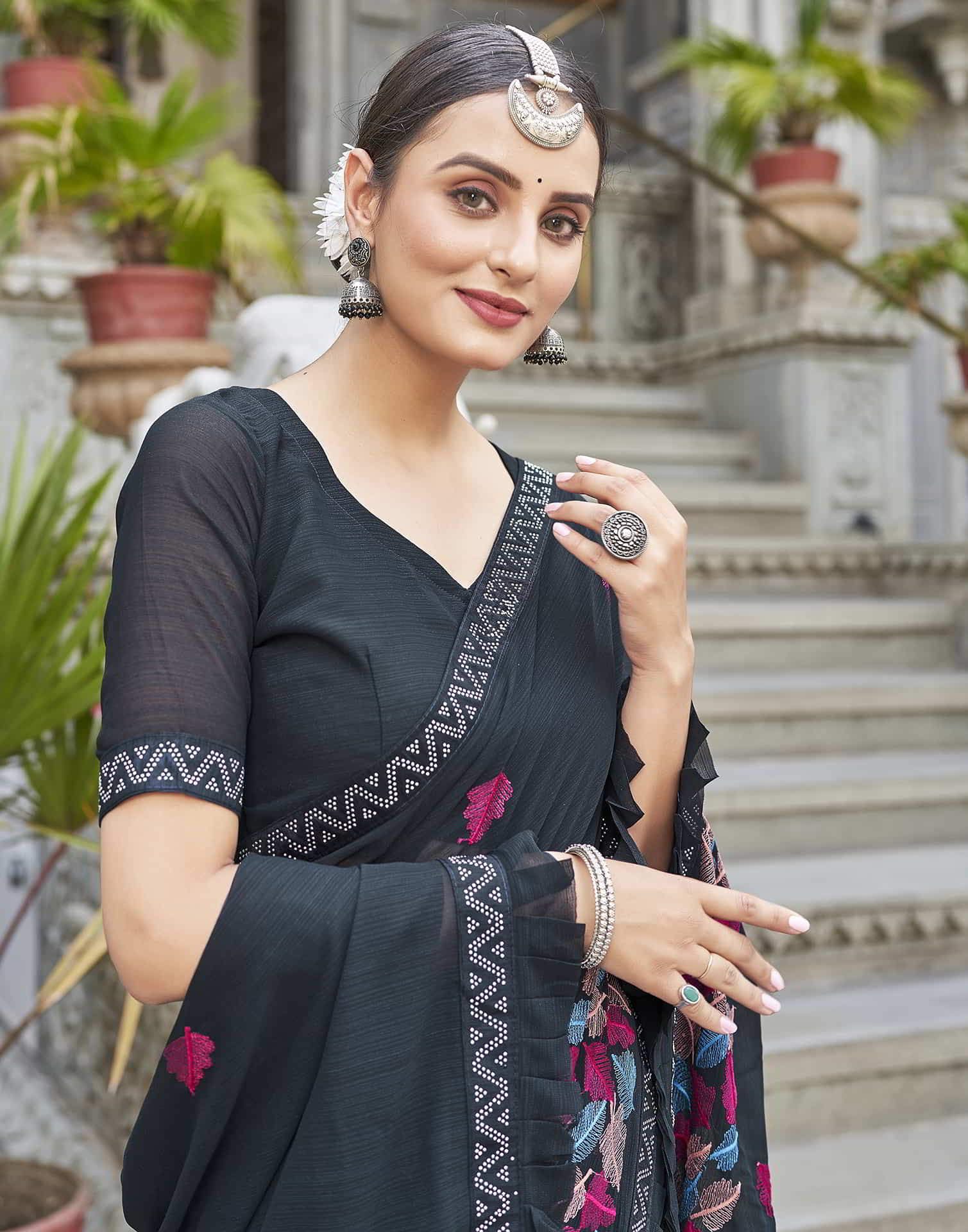 Black Embroidery Georgette Stone Work Saree