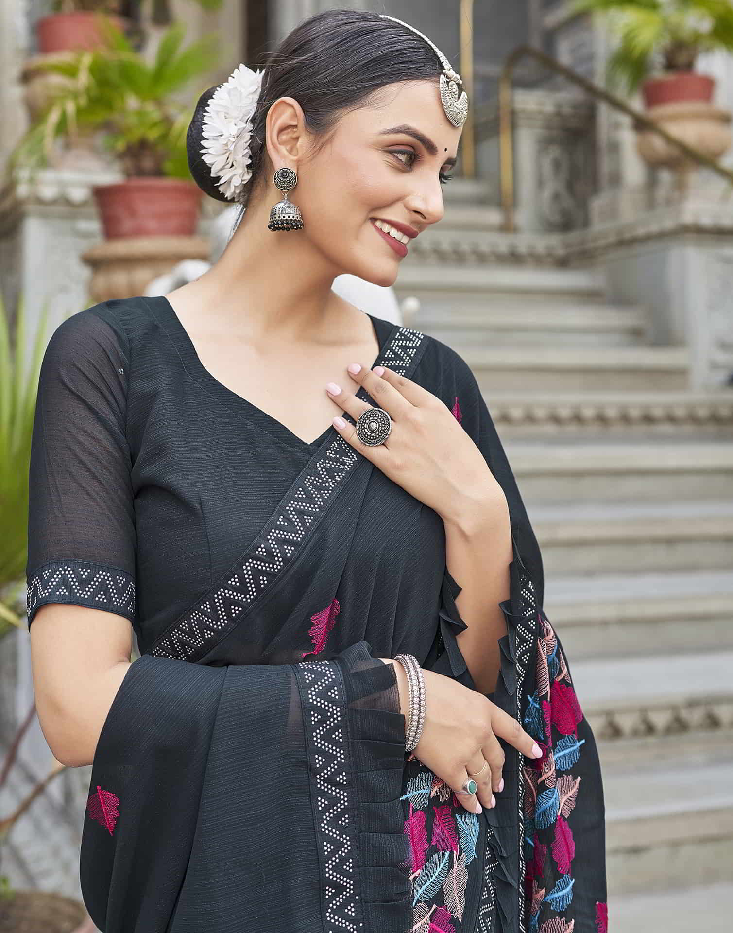 Black Embroidery Georgette Stone Work Saree