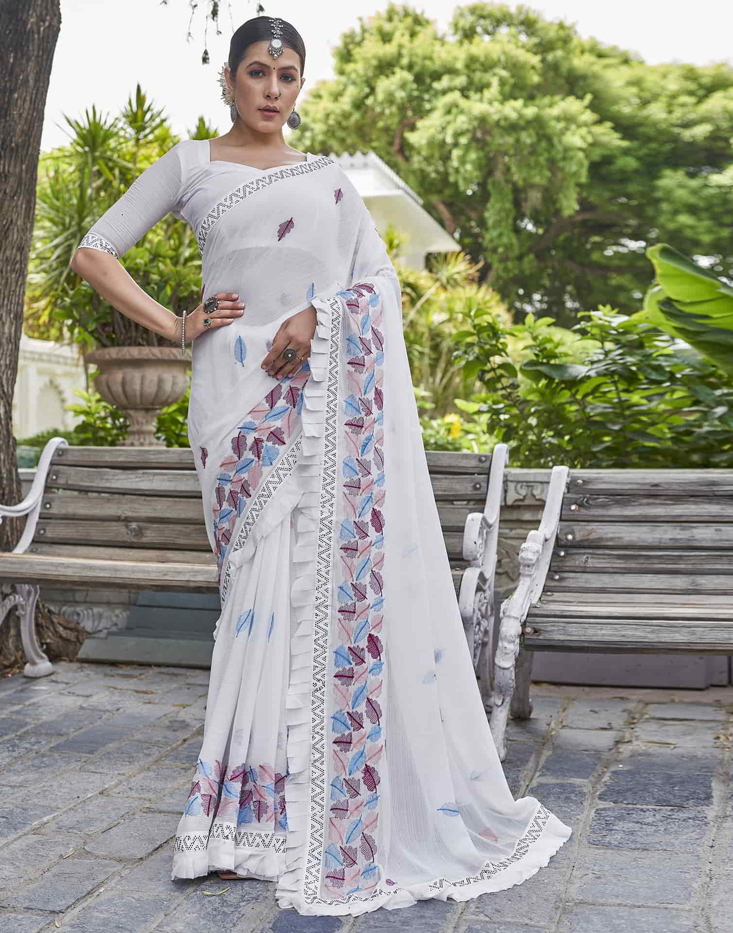 White Embroidery Georgette Stone Work Saree