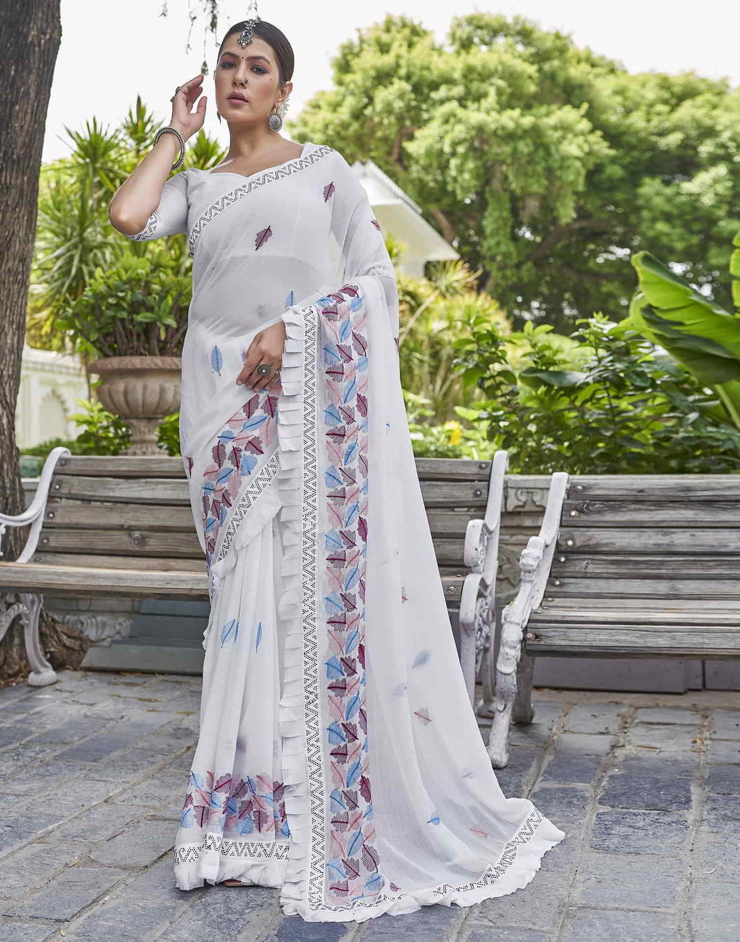 White Embroidery Georgette Stone Work Saree