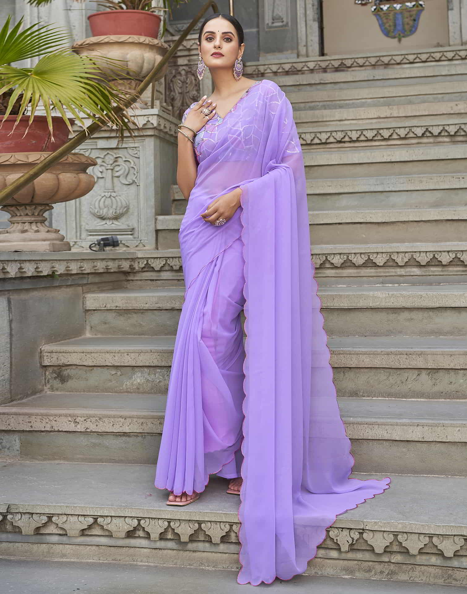 Lavender Plain Georgette Saree