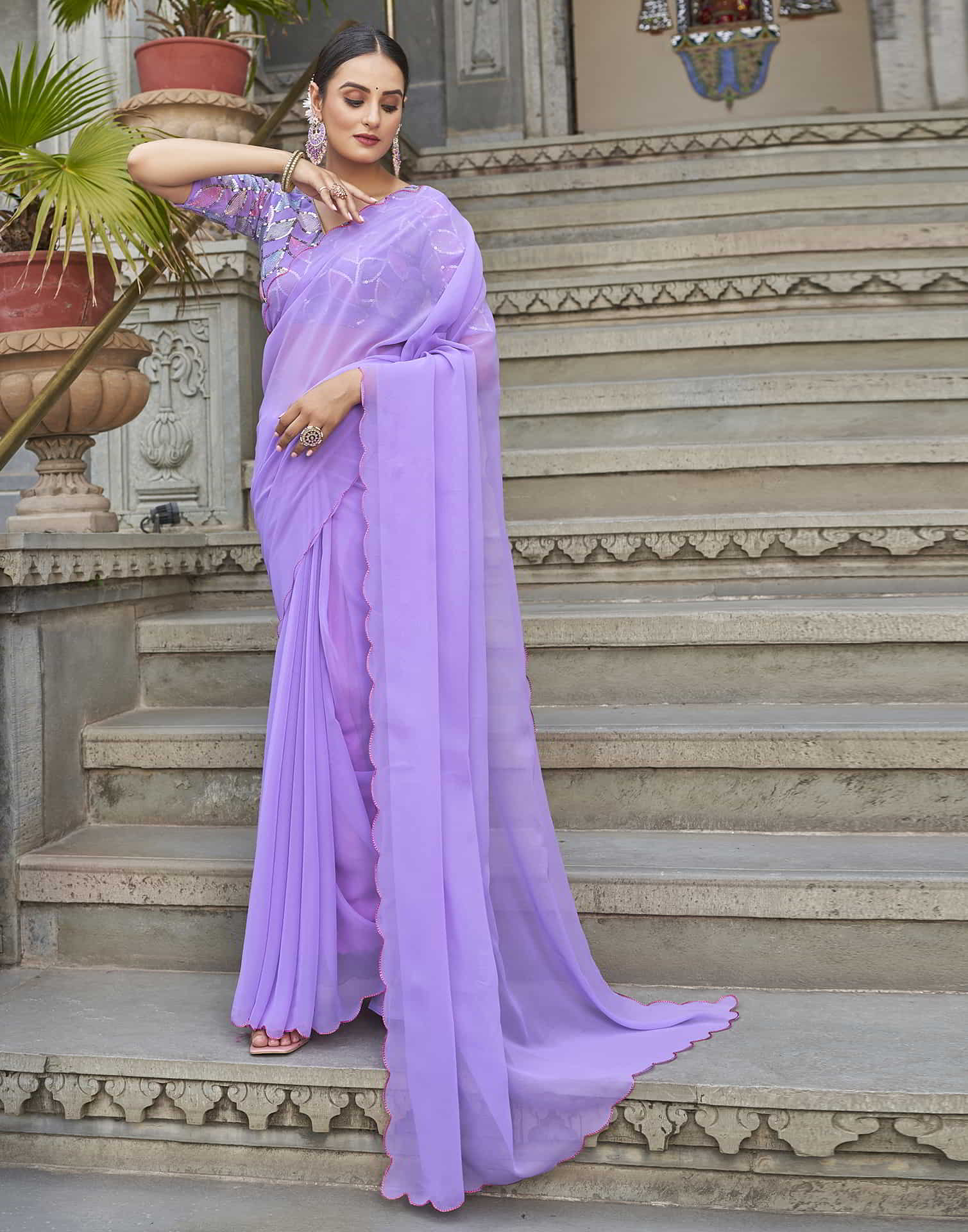 Lavender Plain Georgette Saree