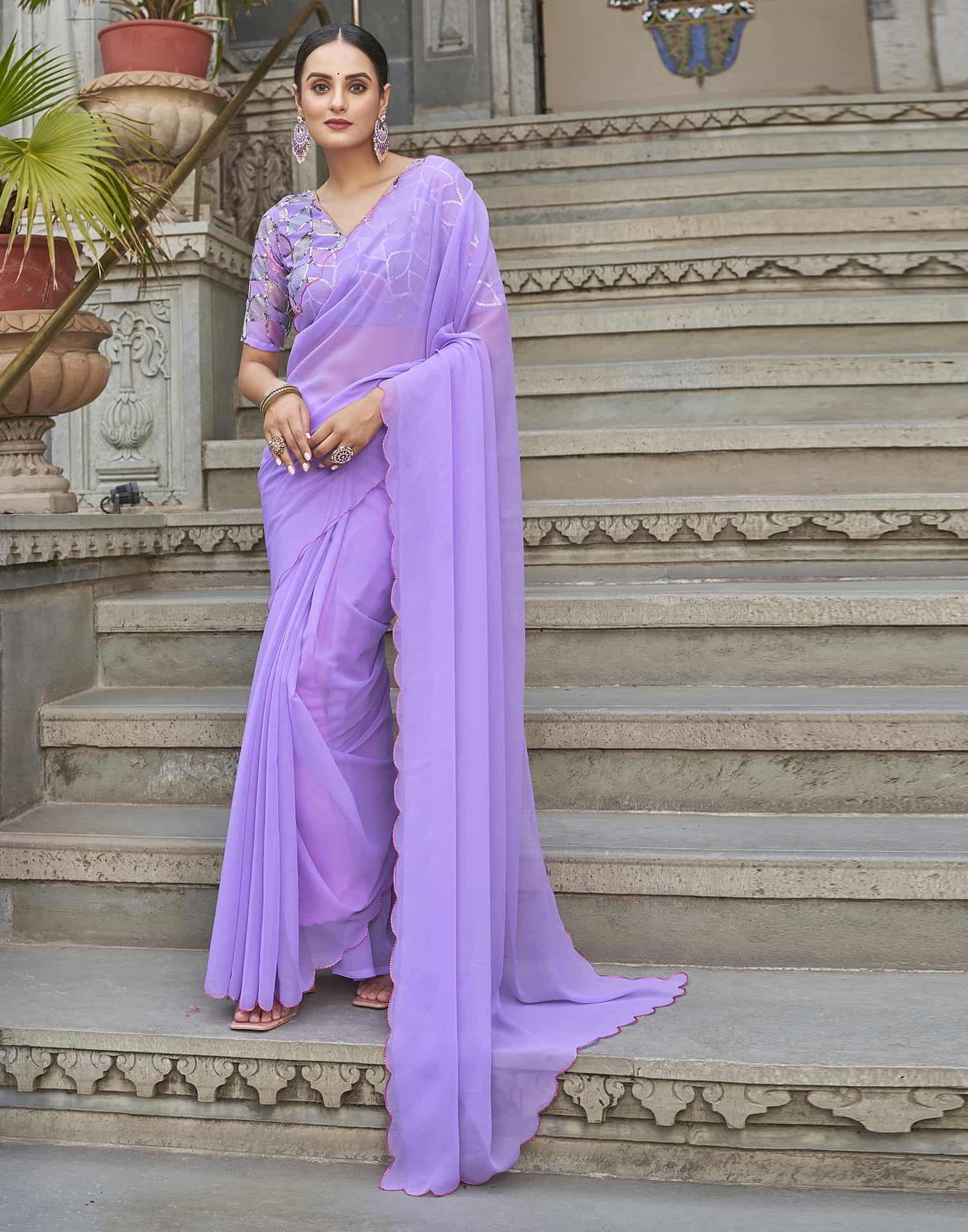 Lavender Plain Georgette Saree