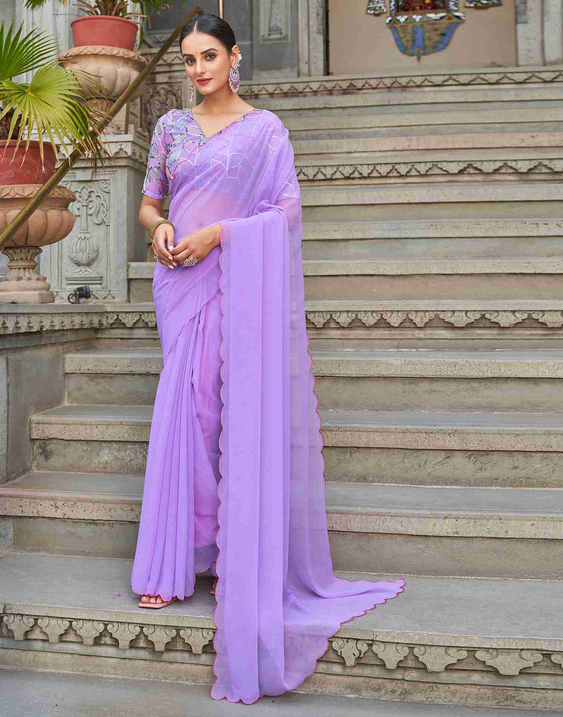 Lavender Plain Georgette Saree