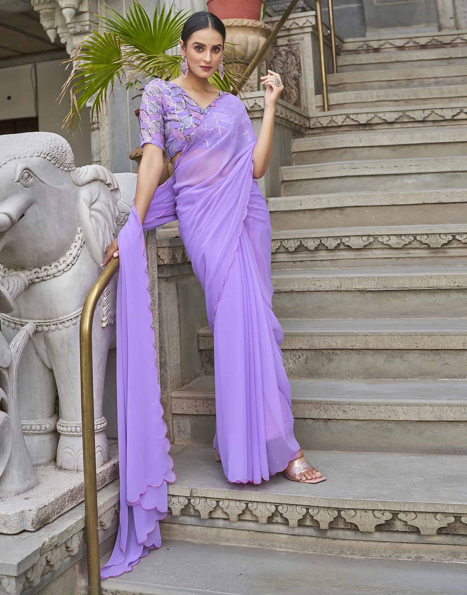 Lavender Plain Georgette Saree