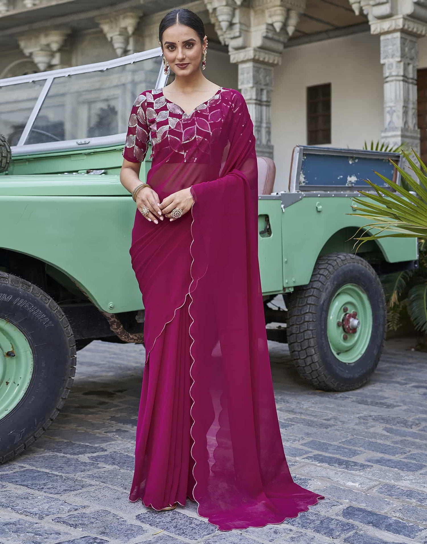 Pink Plain Georgette Saree