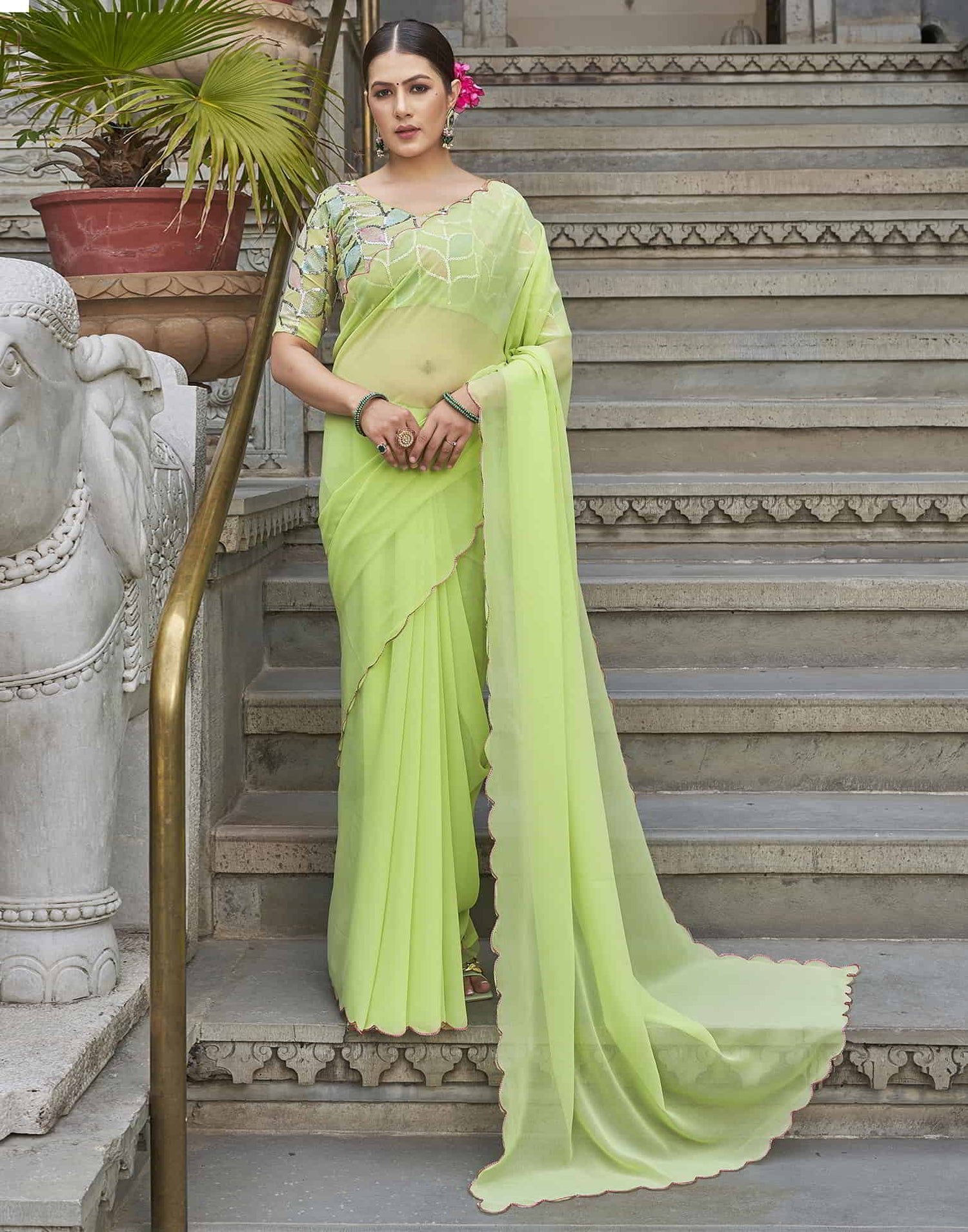 Green Plain Georgette Saree