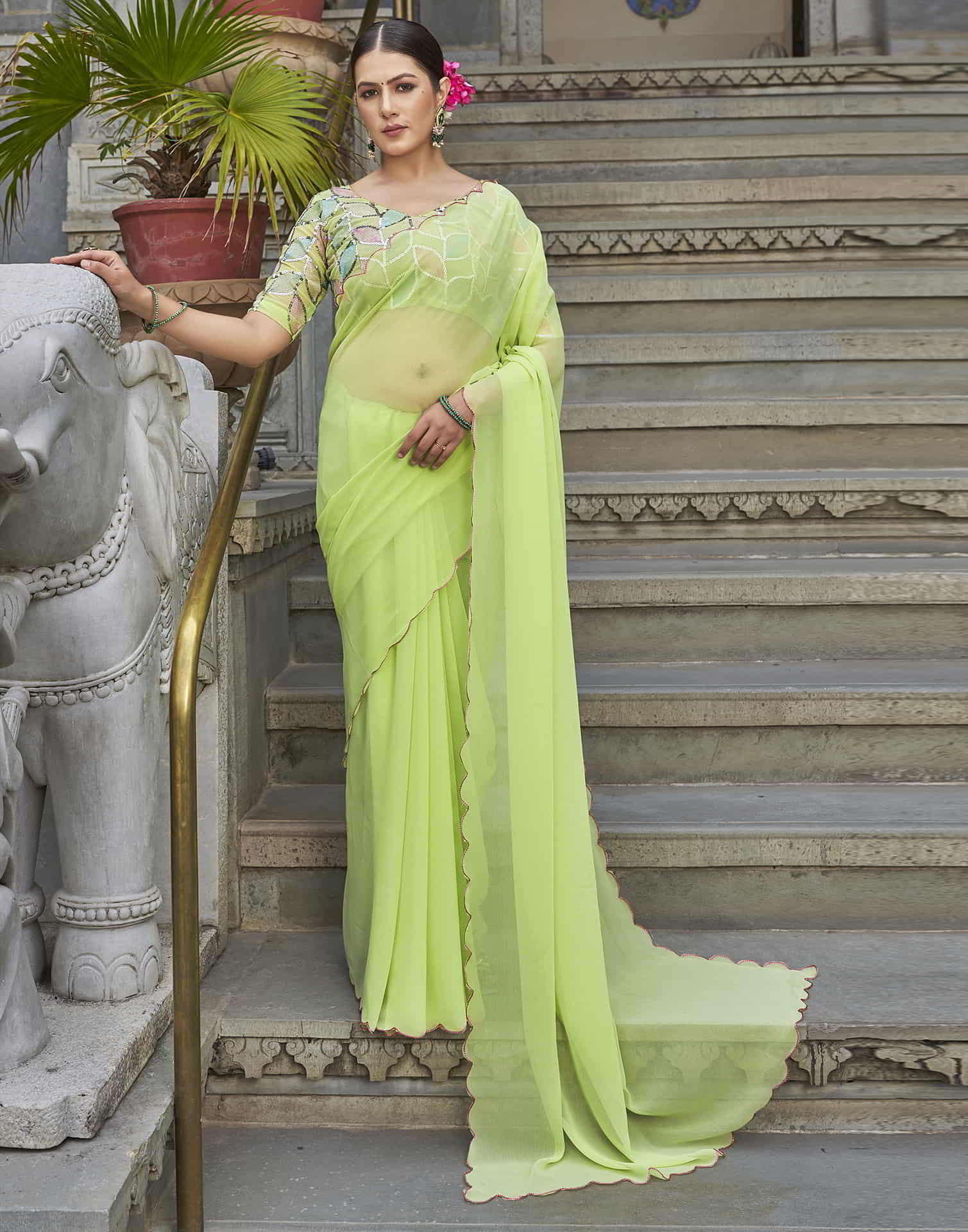 Green Plain Georgette Saree