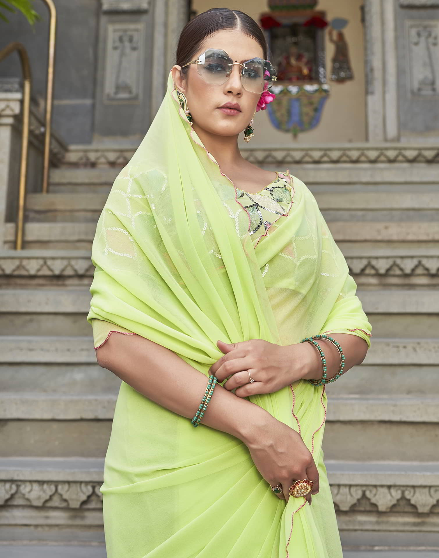 Green Plain Georgette Saree