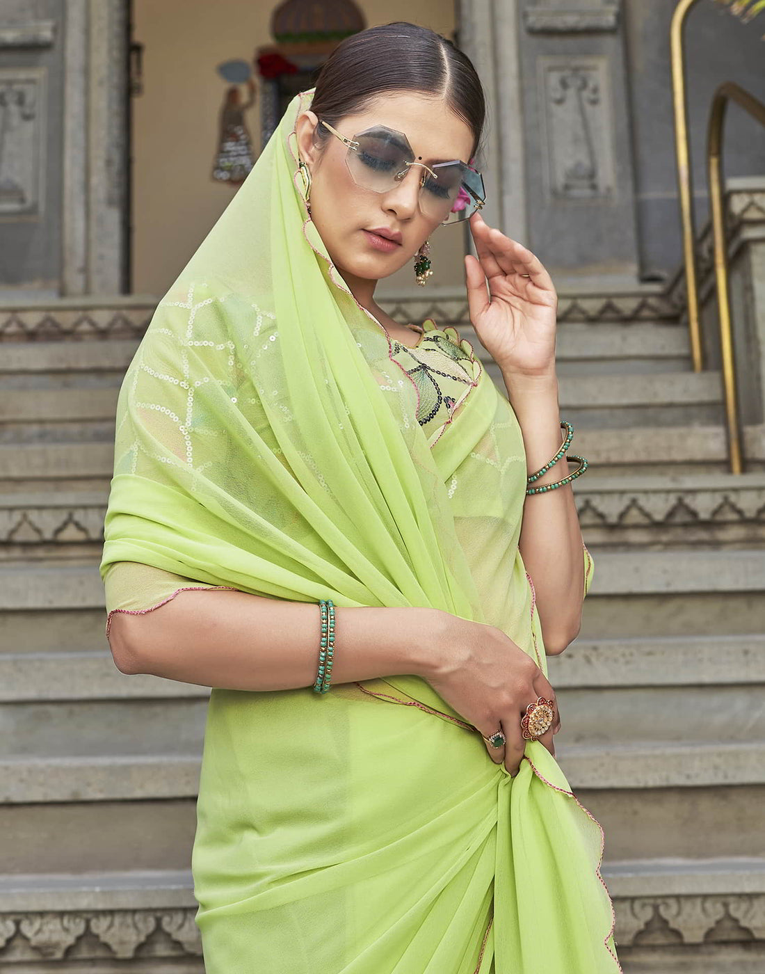 Green Plain Georgette Saree