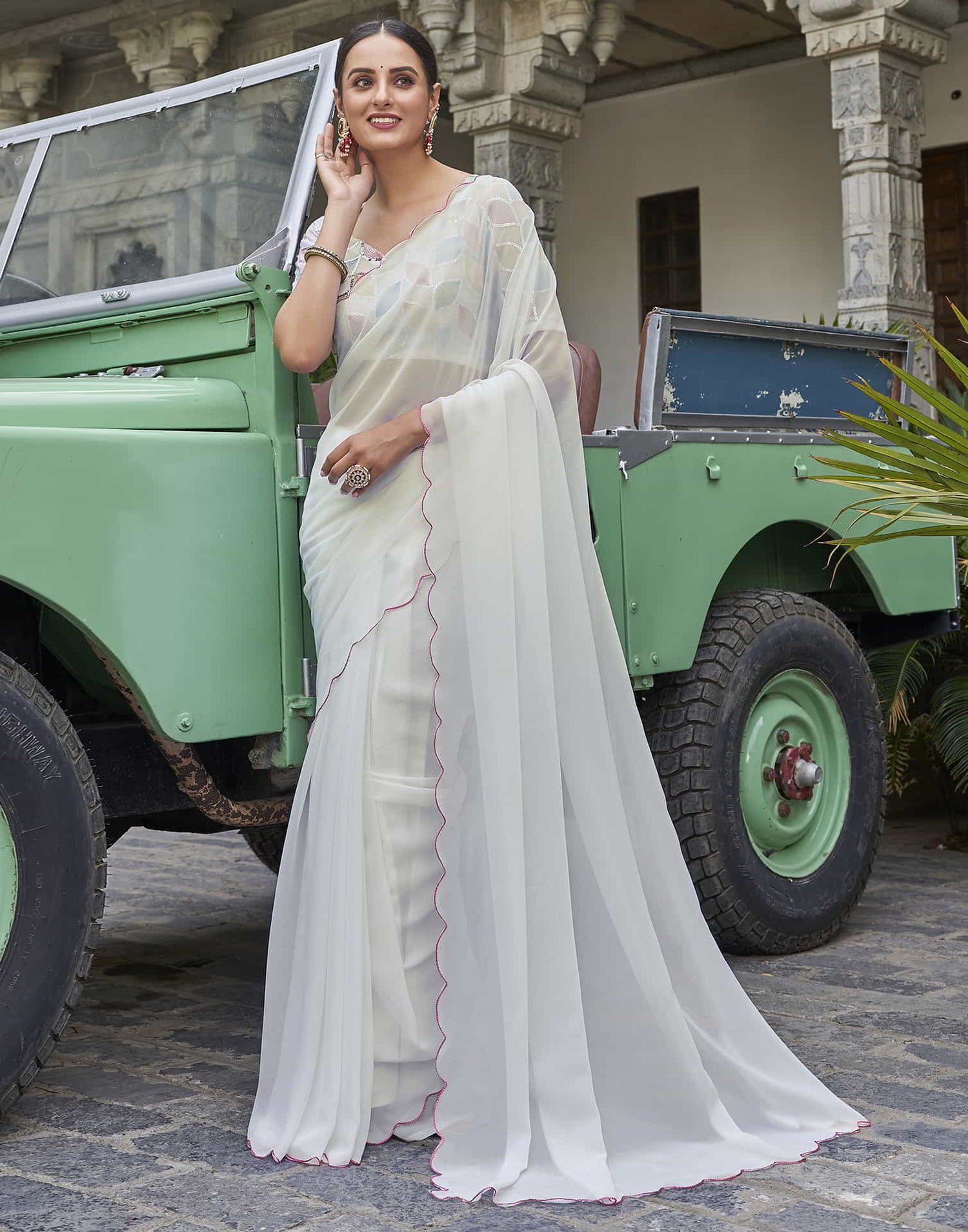 White Plain Georgette Saree