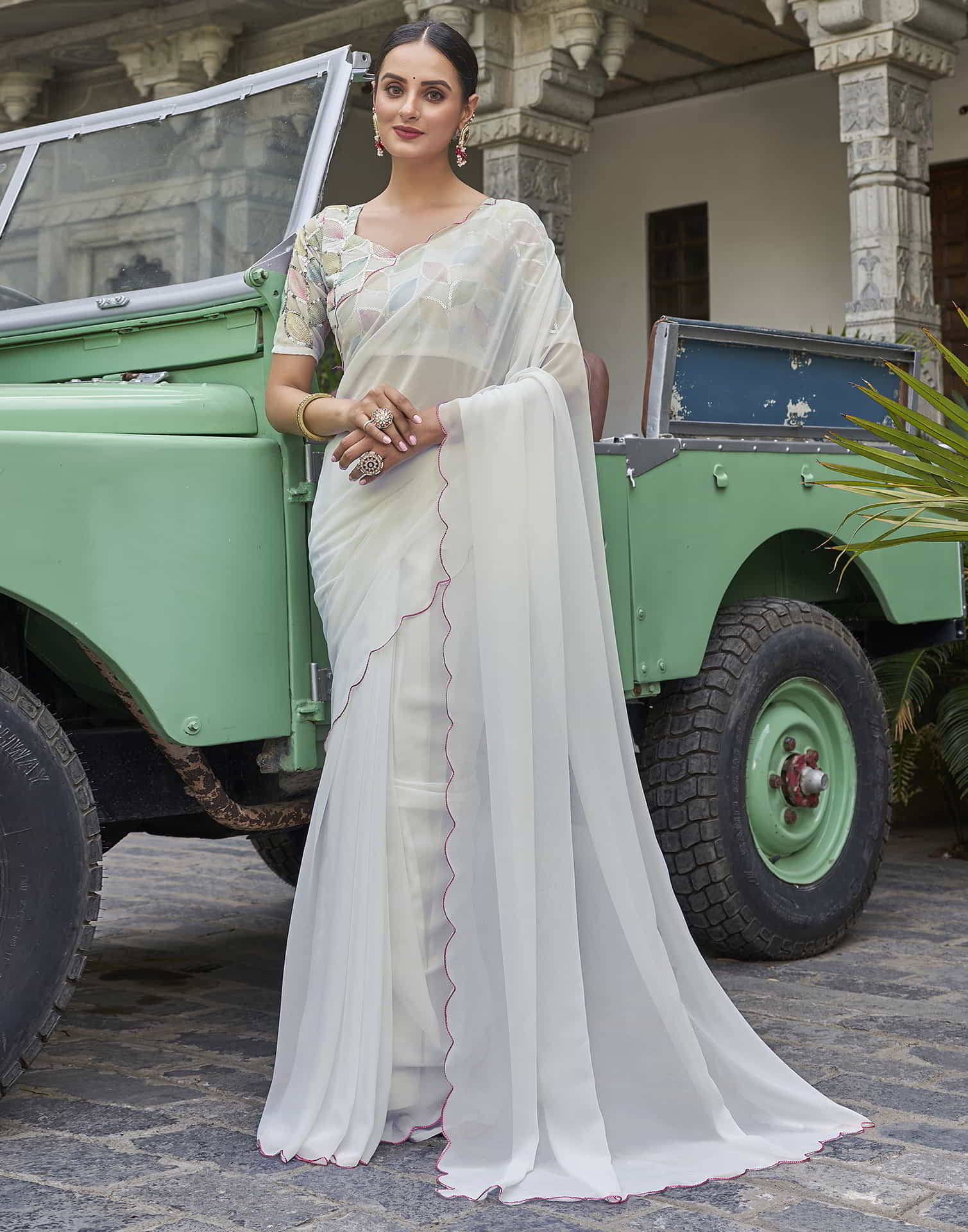 White Plain Georgette Saree