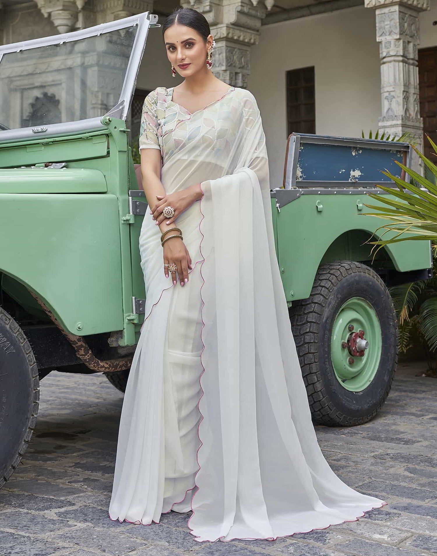 White Plain Georgette Saree