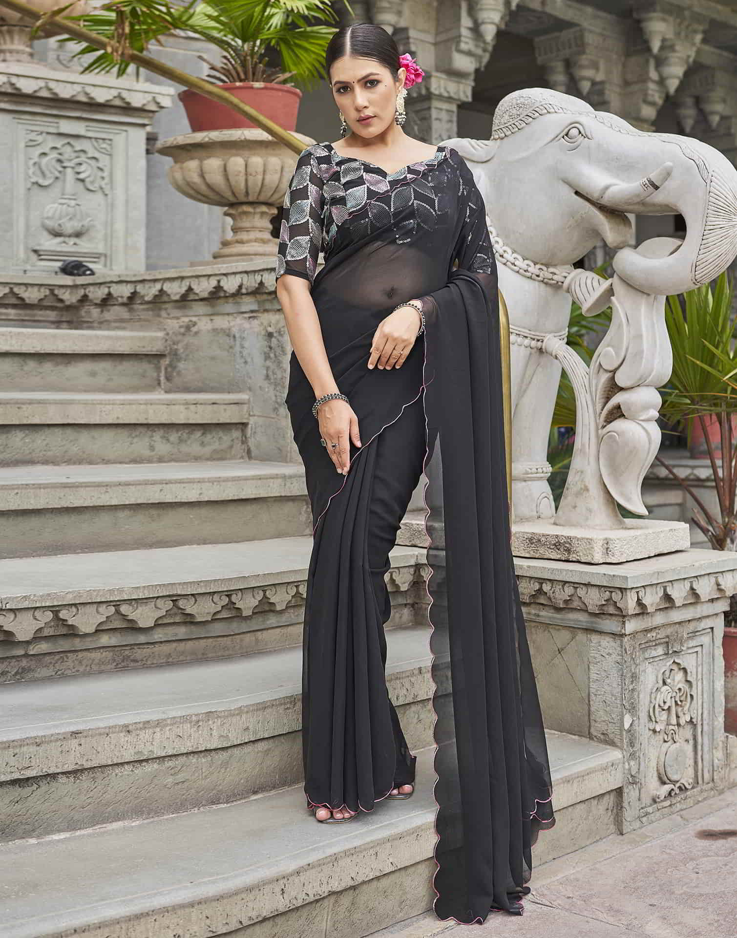 Black Plain Georgette Saree