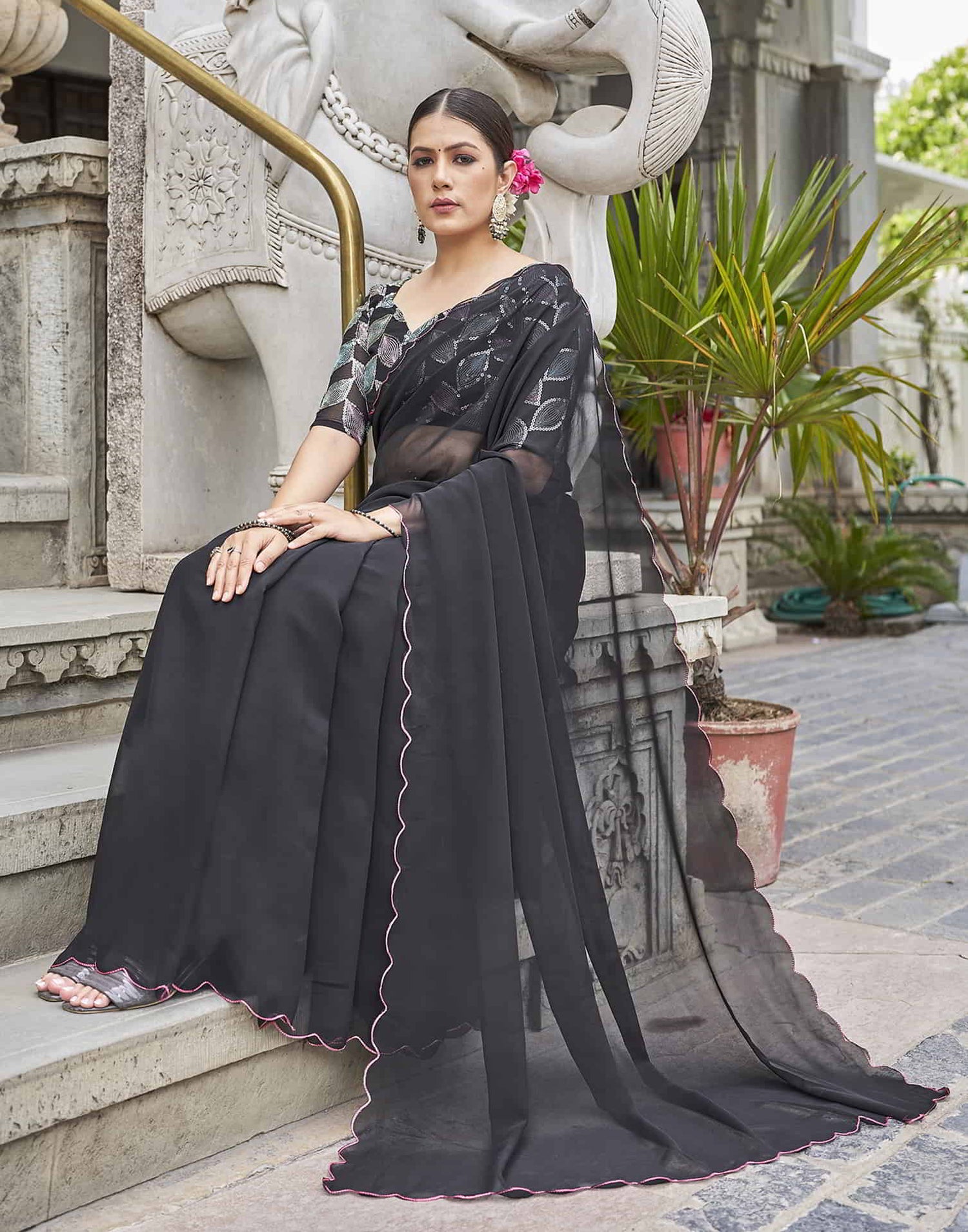 Black Plain Georgette Saree